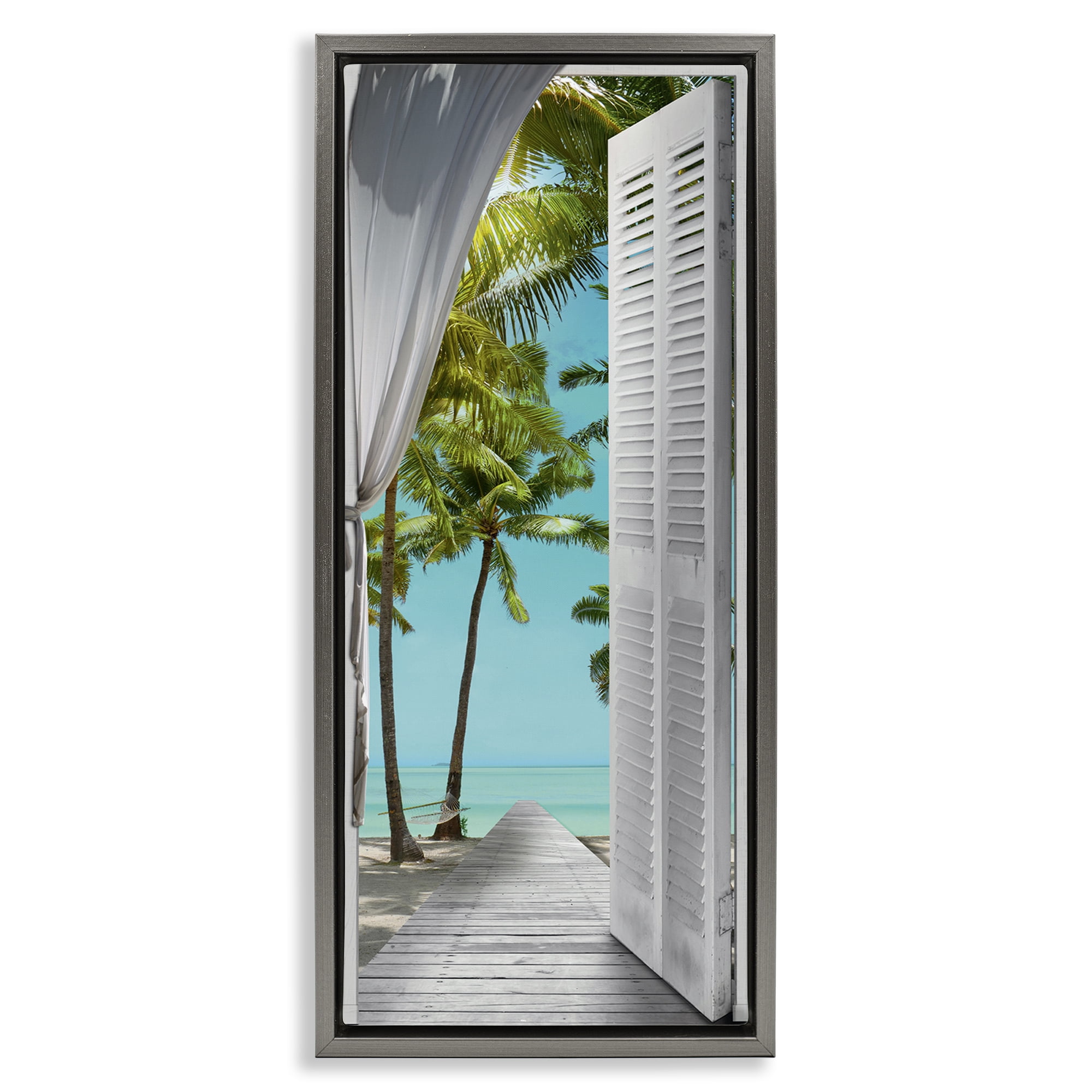 Stupell Industries Tropical Beach Villa View Nautical & Beach Painting Gray Floater Framed Canvas Art Print Wall Art, 11 x 25