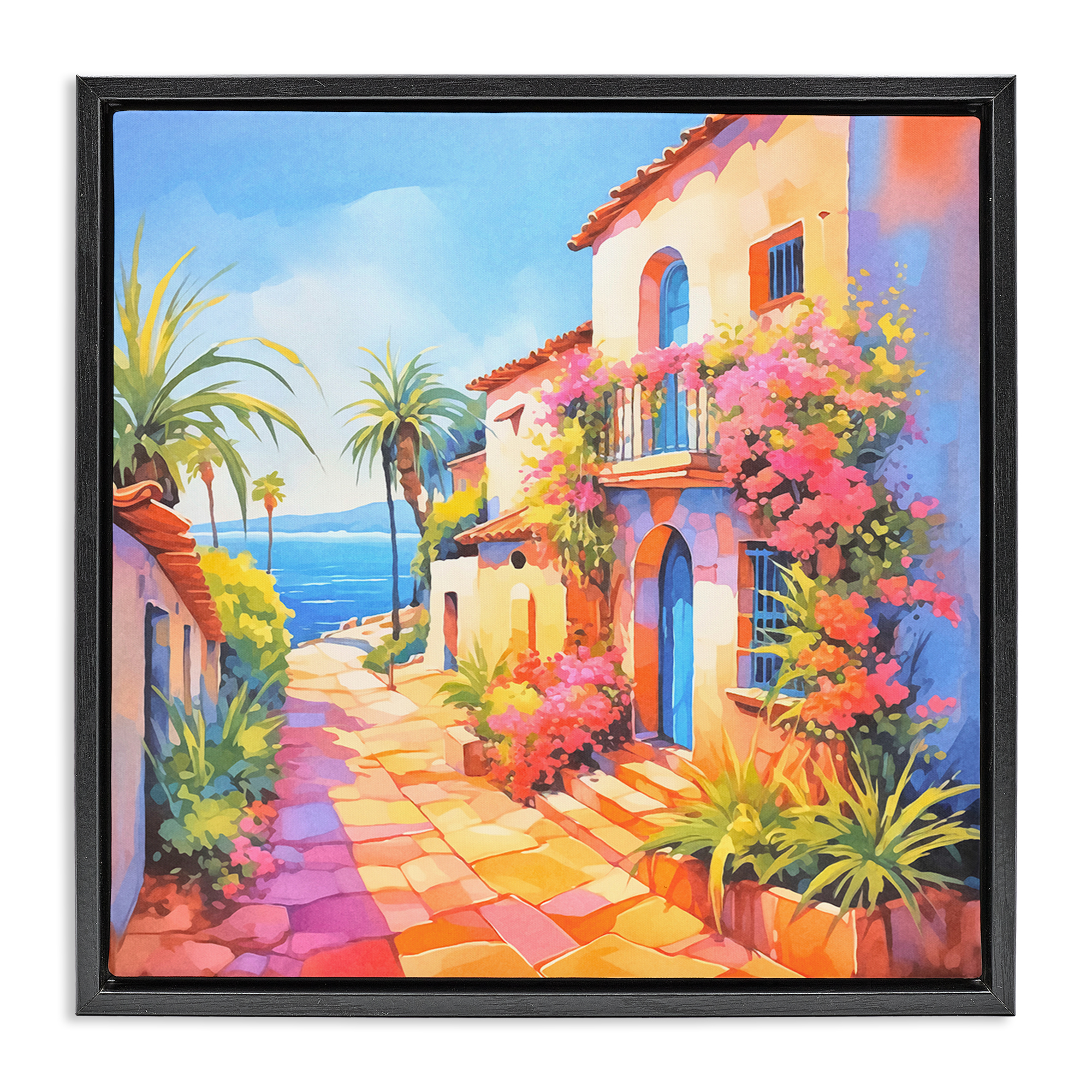 Stupell Industries Tropical Bella Vista Scenic & Cityscapes Painting Black Floater Framed Canvas Art Print Wall Art, 25 x 25