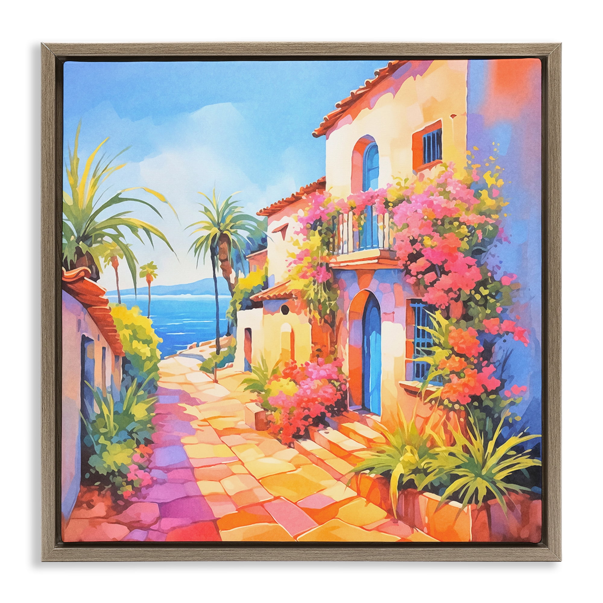 Stupell Industries Tropical Bella Vista Scenic & Cityscapes Painting Brown Floater Framed Canvas Art Print Wall Art, 18 x 18