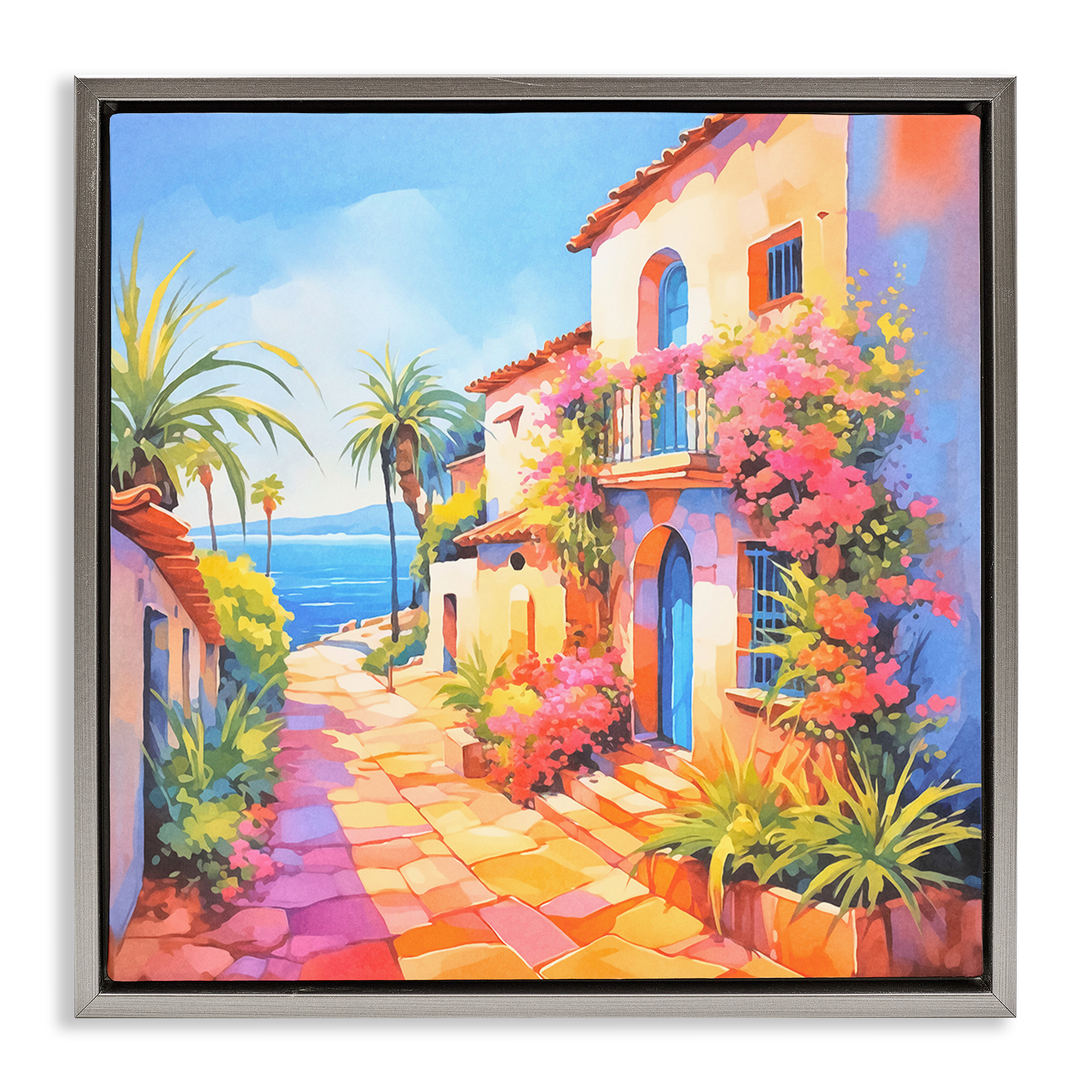 Stupell Industries Tropical Bella Vista Scenic & Cityscapes Painting Gray Floater Framed Canvas Art Print Wall Art, 18 x 18
