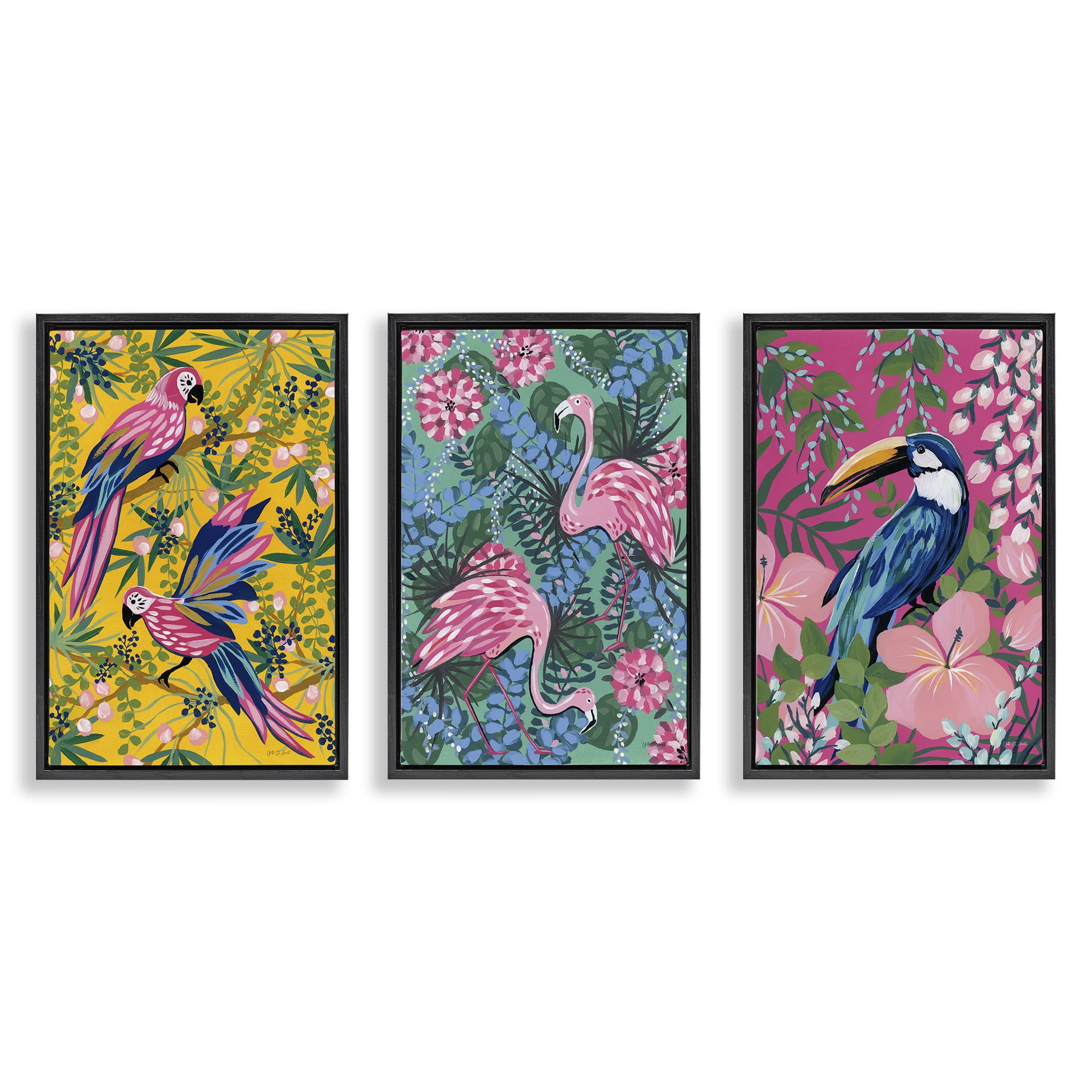 Stupell Industries Tropical Birds & Botanicals Animals Painting Black Floater Framed Canvas Art Print Wall Art, 21 x 31, Set of 3