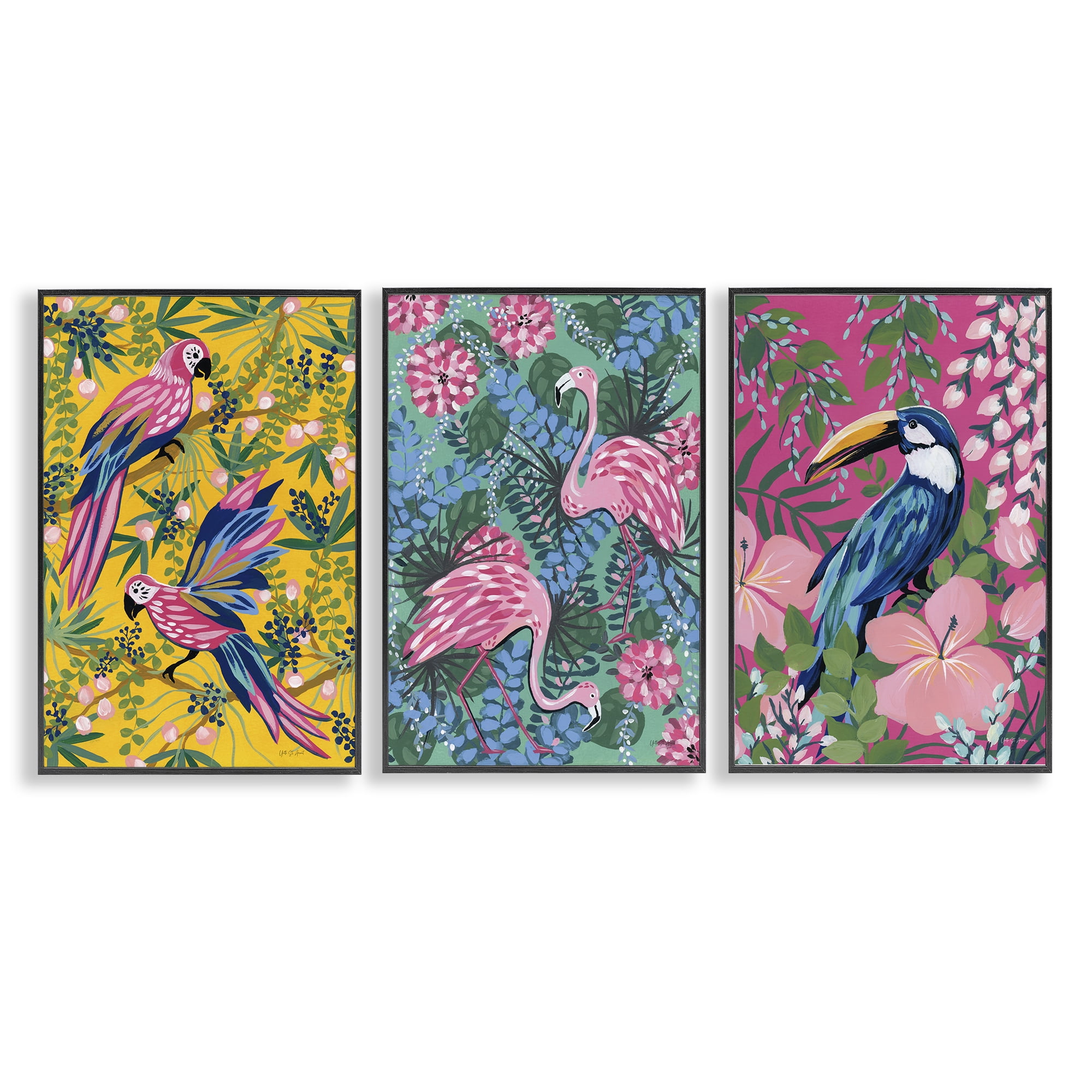 Stupell Industries Tropical Birds & Botanicals Animals Painting Black Framed Art Print Wall Art, 16 x 24, Set of 3