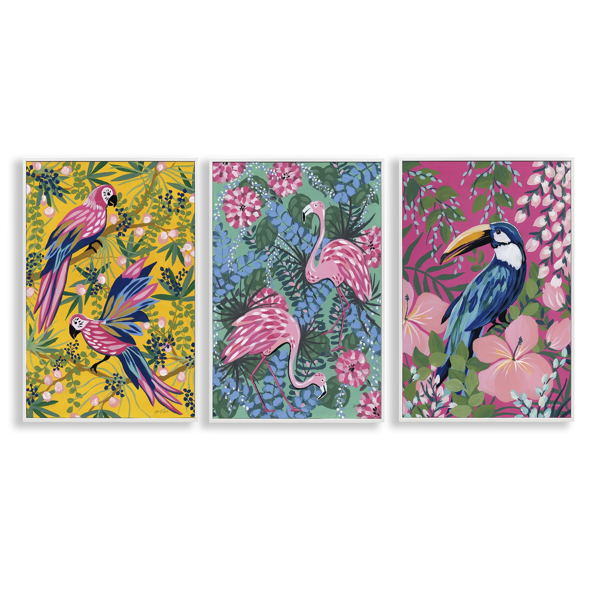 Stupell Industries Tropical Birds & Botanicals Animals Painting White Framed Art Print Wall Art, 16 x 24, Set of 3