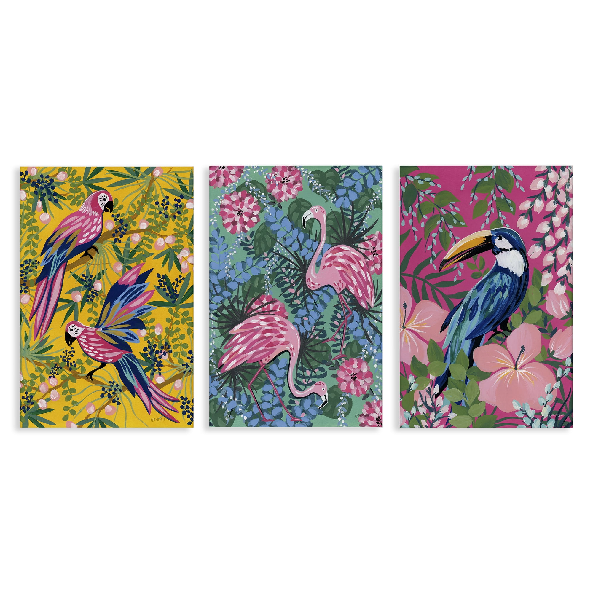 Stupell Industries Tropical Birds & Botanicals Animals Painting Wrapped Canvas Art Print Wall Art, 16 x 24, Set of 3