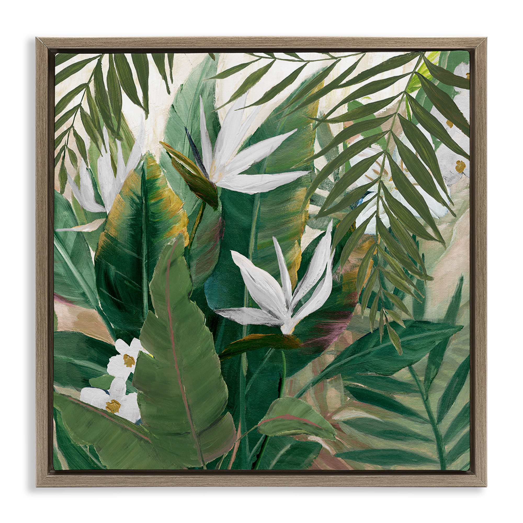Stupell Industries Tropical Birds Of Paradise Plant Botanical & Floral Painting Brown Floater Framed Canvas Art Print Wall Art, 18 x 18