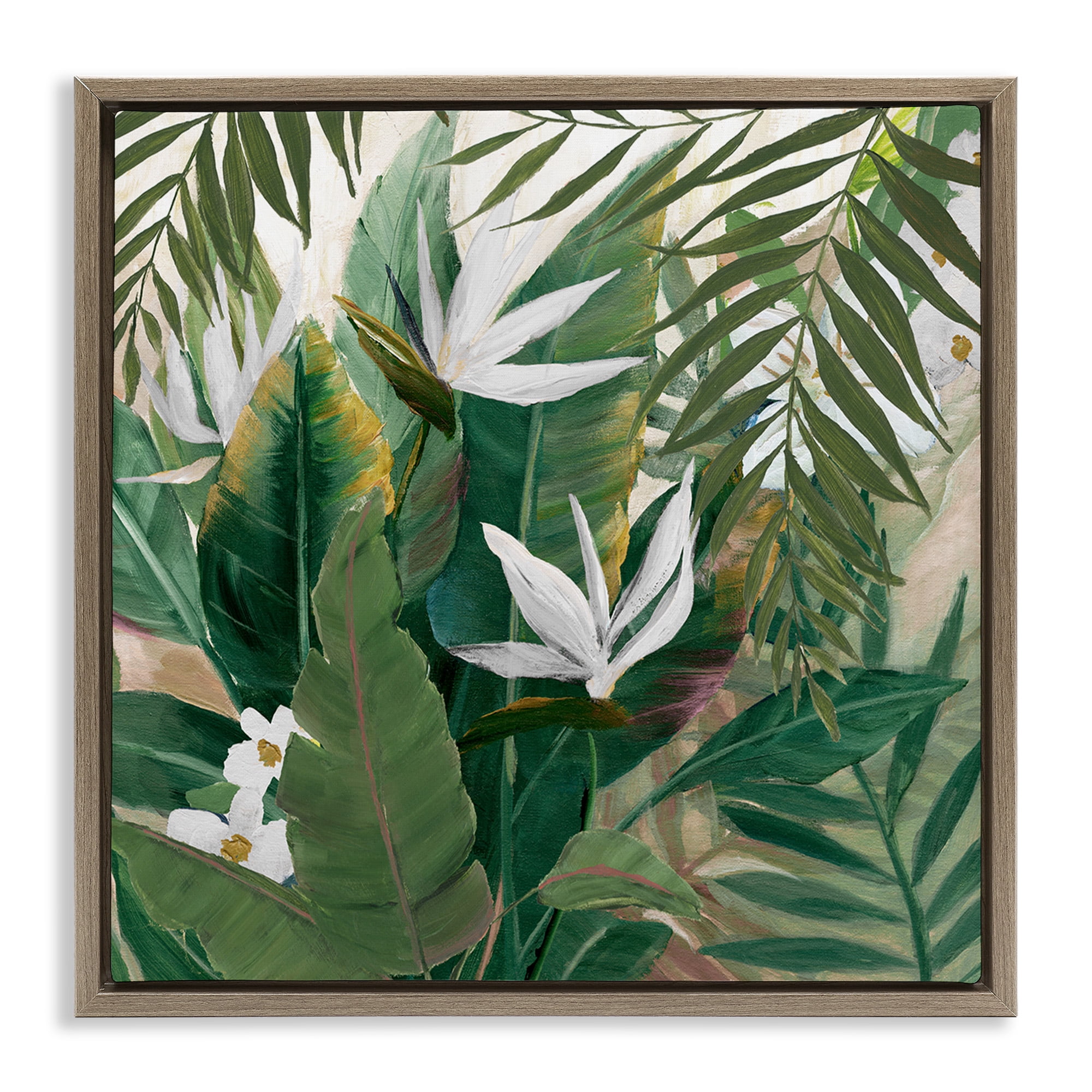 Stupell Industries Tropical Birds Of Paradise Plant Botanical & Floral Painting Brown Floater Framed Canvas Art Print Wall Art, 25 x 25
