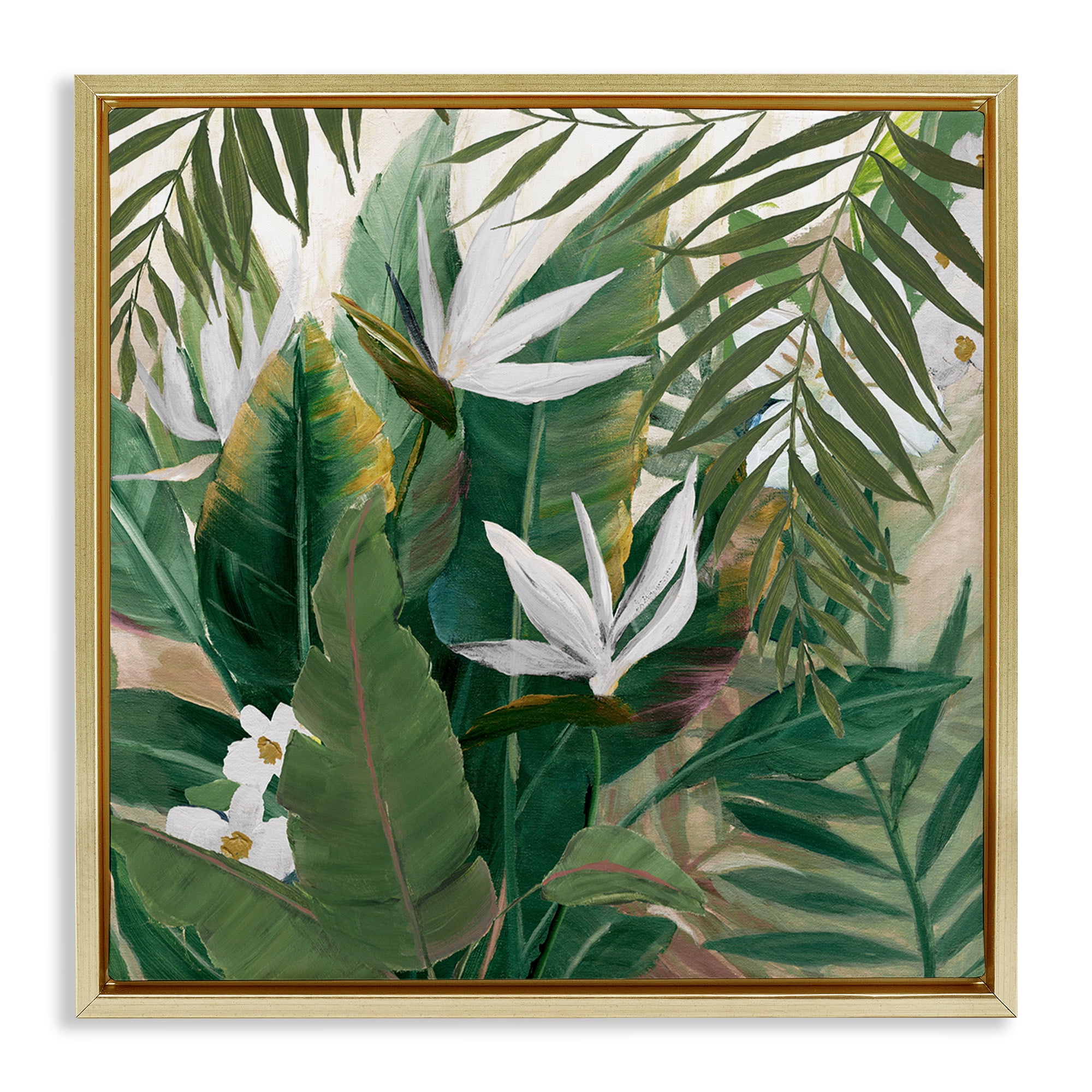 Stupell Industries Tropical Birds Of Paradise Plant Botanical & Floral Painting Gold Floater Framed Canvas Art Print Wall Art, 18 x 18