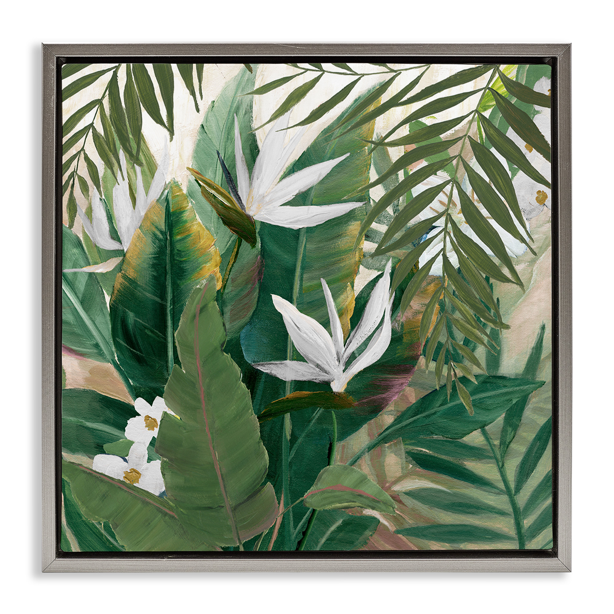 Stupell Industries Tropical Birds Of Paradise Plant Botanical & Floral Painting Gray Floater Framed Canvas Art Print Wall Art, 25 x 25