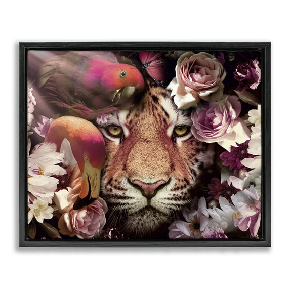 Stupell Industries Tropical Birds & Tiger Animals Painting Black Floater Framed Canvas Art Print Wall Art, 21 x 17