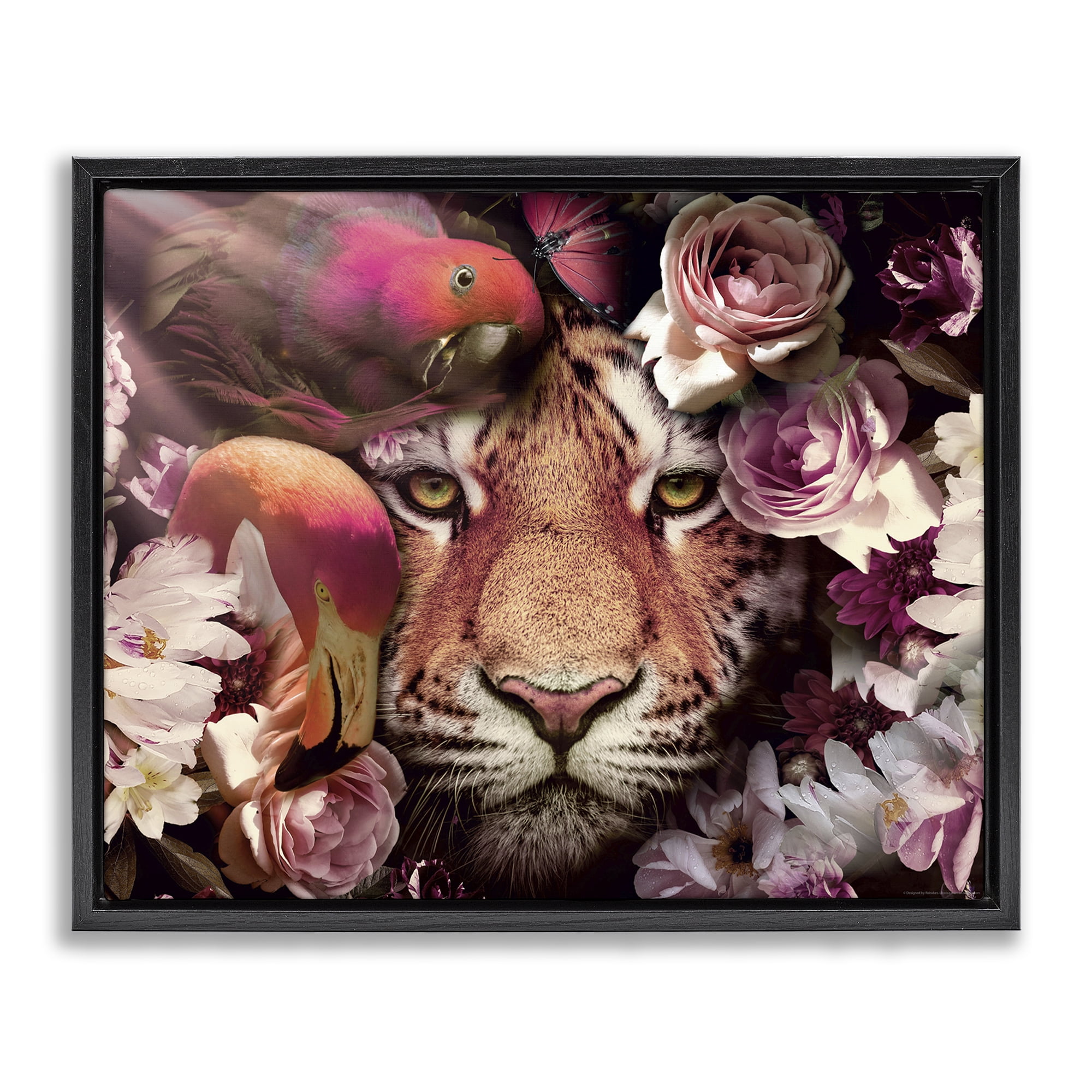 Stupell Industries Tropical Birds & Tiger Animals Painting Black Floater Framed Canvas Art Print Wall Art, 31 x 25
