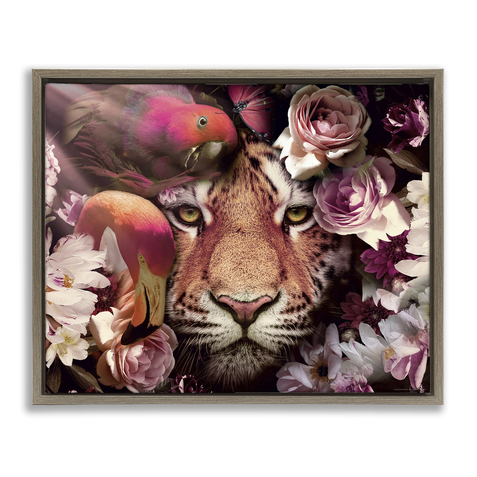 Stupell Industries Tropical Birds & Tiger Animals Painting Brown Floater Framed Canvas Art Print Wall Art, 21 x 17