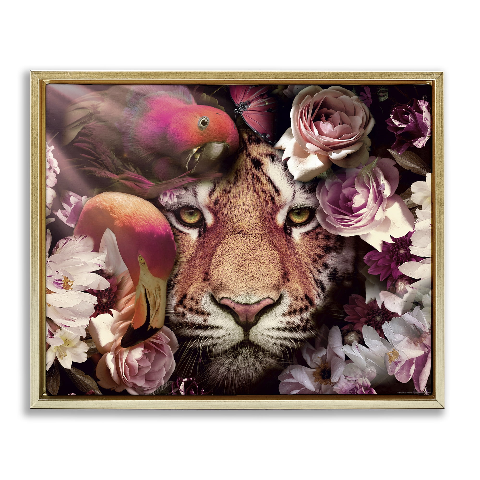 Stupell Industries Tropical Birds & Tiger Animals Painting Gold Floater Framed Canvas Art Print Wall Art, 31 x 25