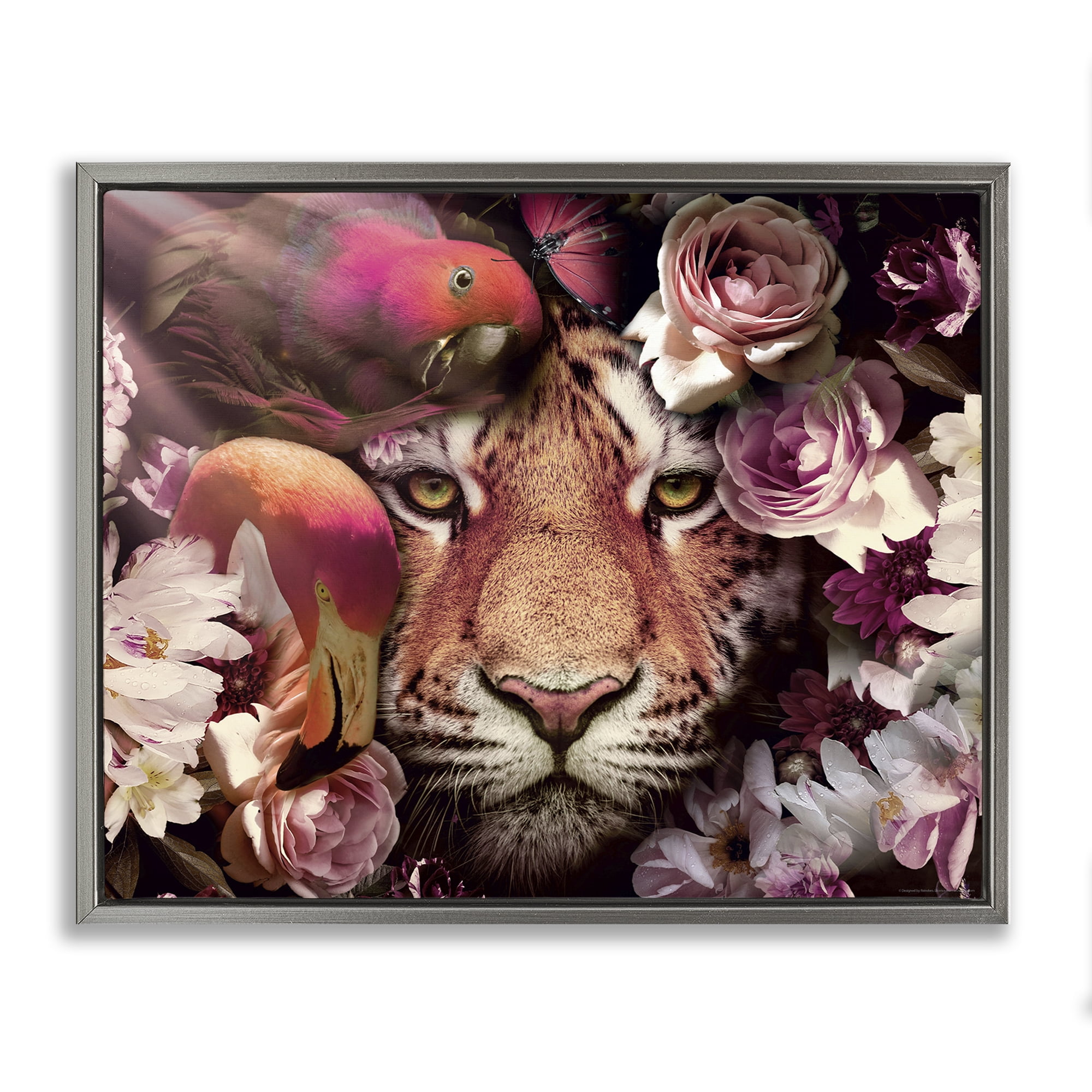 Stupell Industries Tropical Birds & Tiger Animals Painting Gray Floater Framed Canvas Art Print Wall Art, 21 x 17