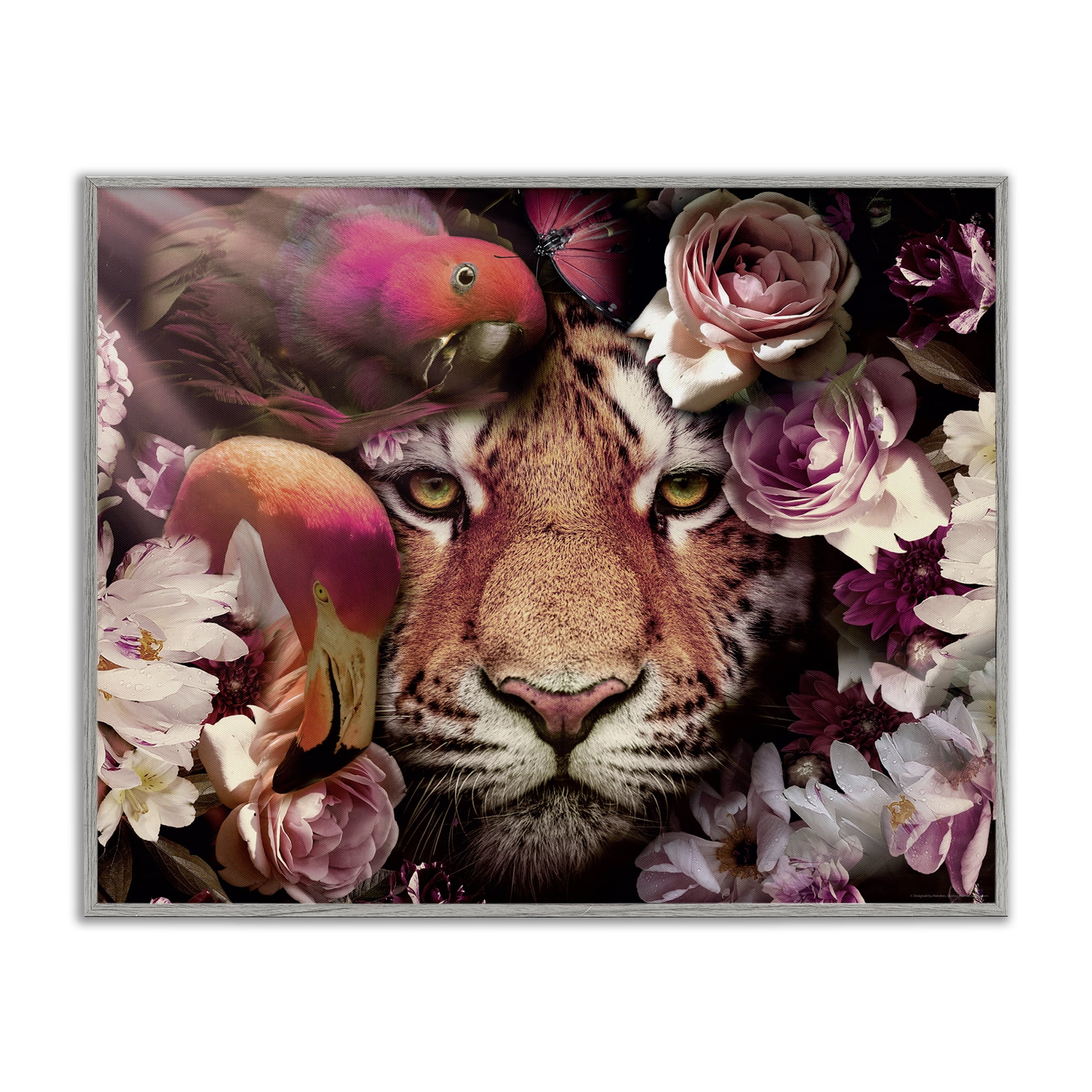 Stupell Industries Tropical Birds & Tiger Animals Painting Gray Framed Art Print Wall Art, 14 x 11