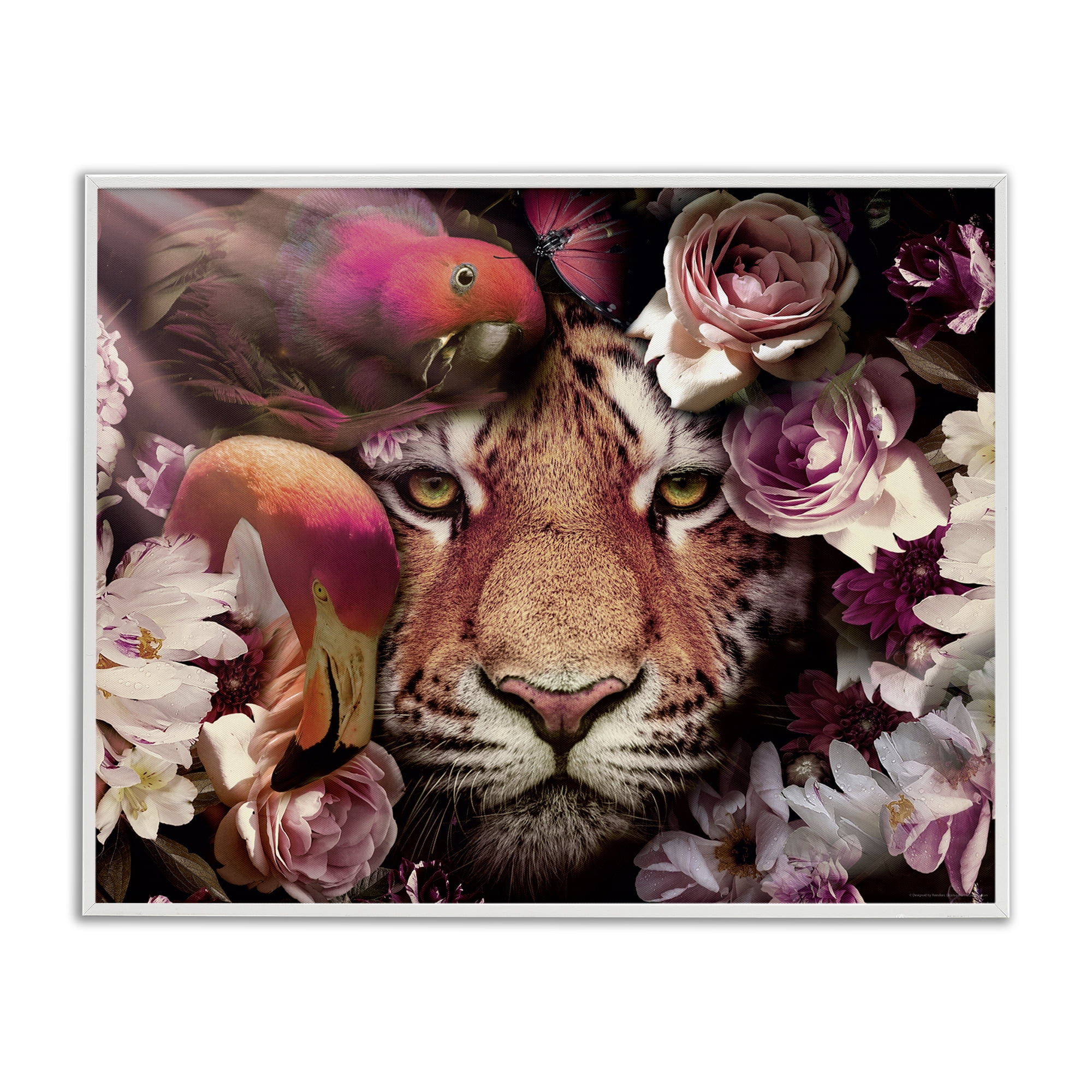 Stupell Industries Tropical Birds & Tiger Animals Painting White Framed Art Print Wall Art, 20 x 16