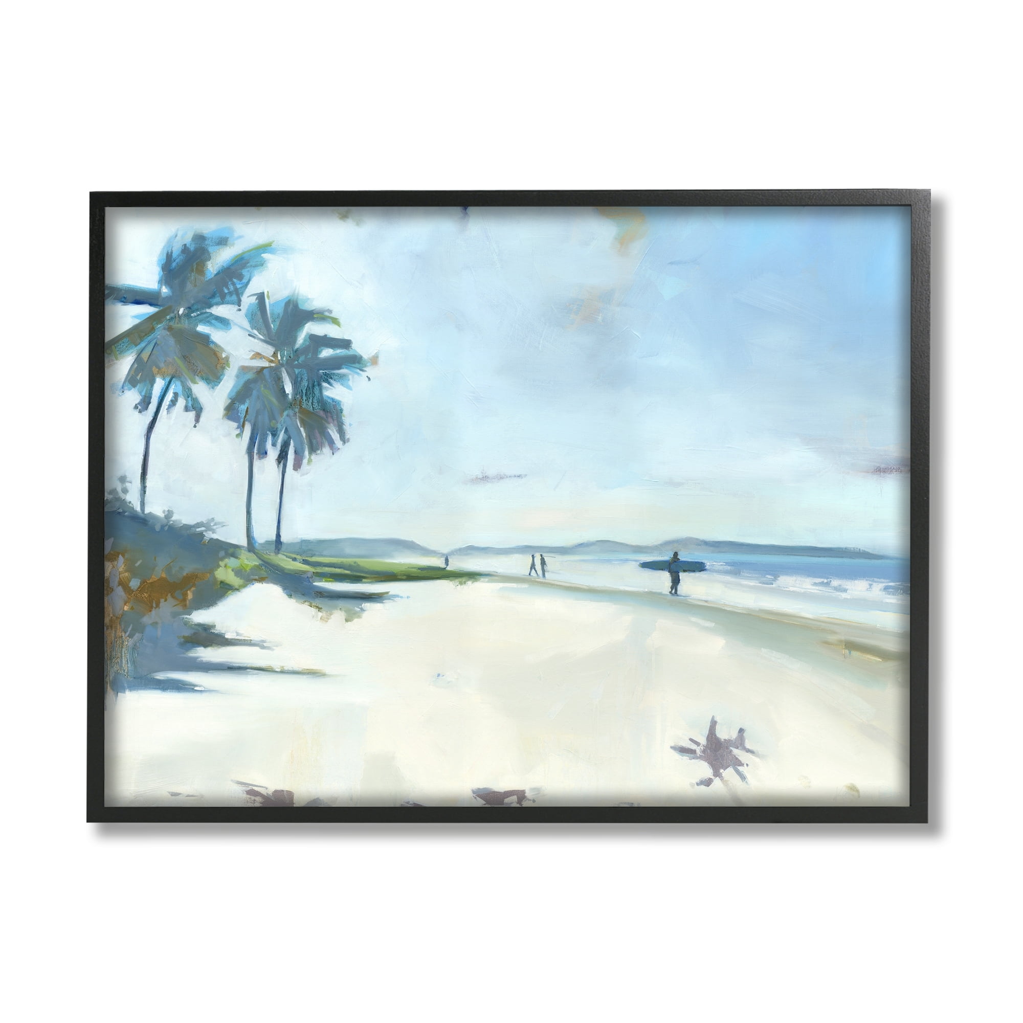Stupell Industries Tropical Blue Beach Scene Surfers Coastal Painting Black Framed Art Print Wall Art