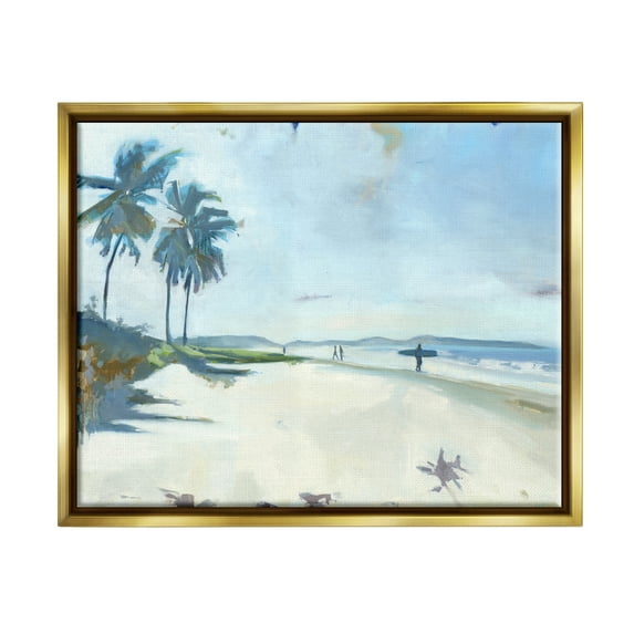 Stupell Industries Tropical Blue Beach Scene Surfers Coastal Painting Gold Floater Framed Art Print Wall Art