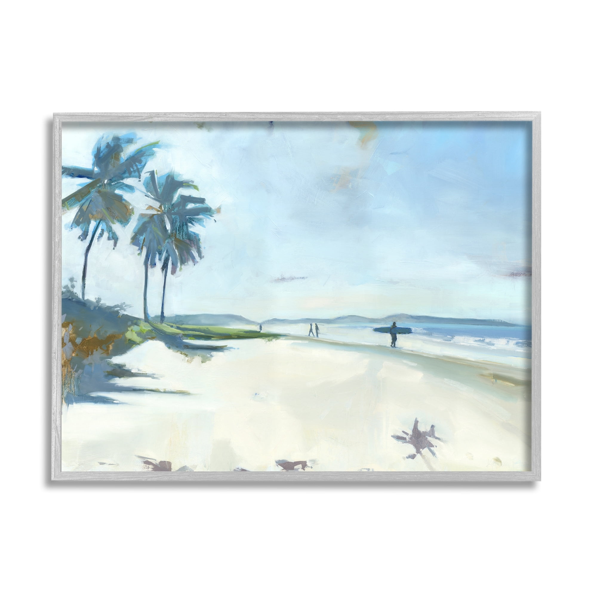 Stupell Industries Tropical Blue Beach Scene Surfers Coastal Painting Gray Framed Art Print Wall Art
