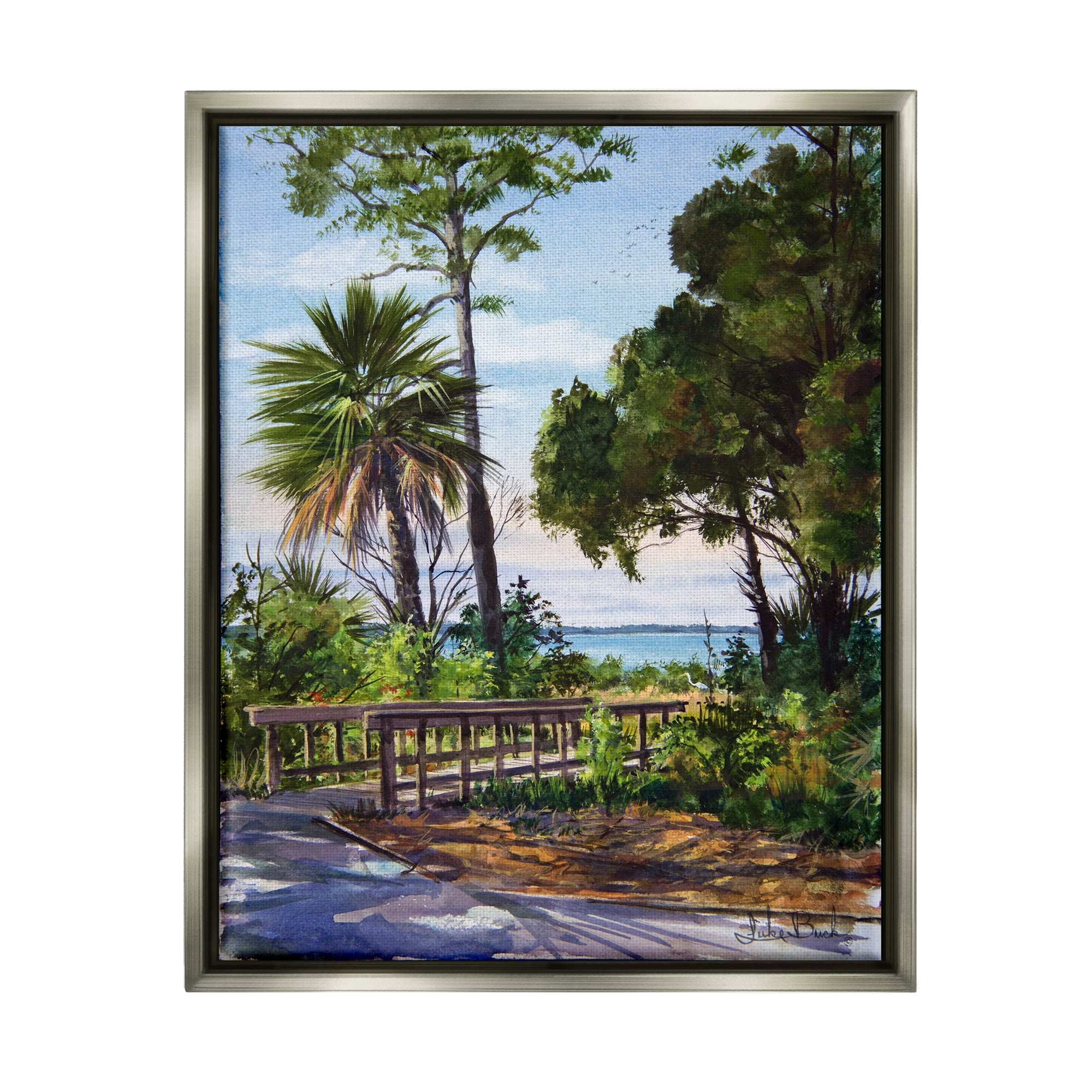 Stupell Industries Tropical Boardwalk Landscape Nature Painting Gray Floater Framed Art Print Wall Art, 17 x 21