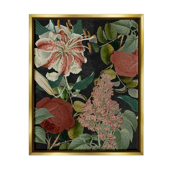 Stupell Industries Tropical Bohemian Floral Illustration Green Red Metallic Gold Framed Floating Canvas Wall Art, 16x20, by Daphne Polselli