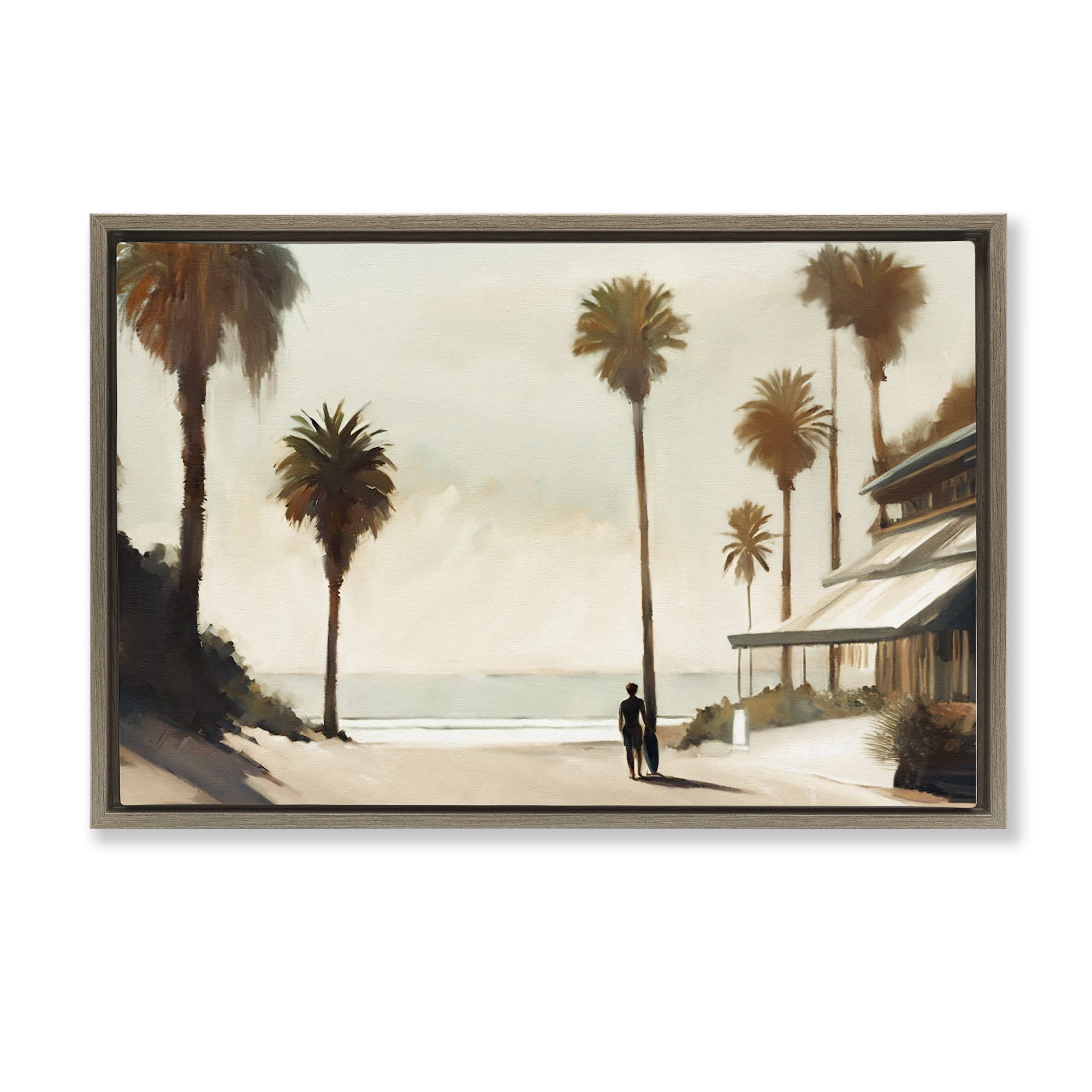 Stupell Industries Tropical Café Del Mar Landscape & Nature Painting Brown Floater Framed Canvas Art Print Wall Art, 31 x 21