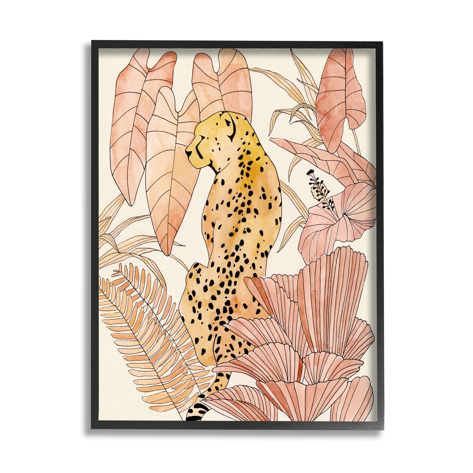 Stupell Industries Tropical Cheetah Blush Forest Palm Fern Fronds Animals & Insects Painting Black Framed Art Print Wall Art, 24 x 30