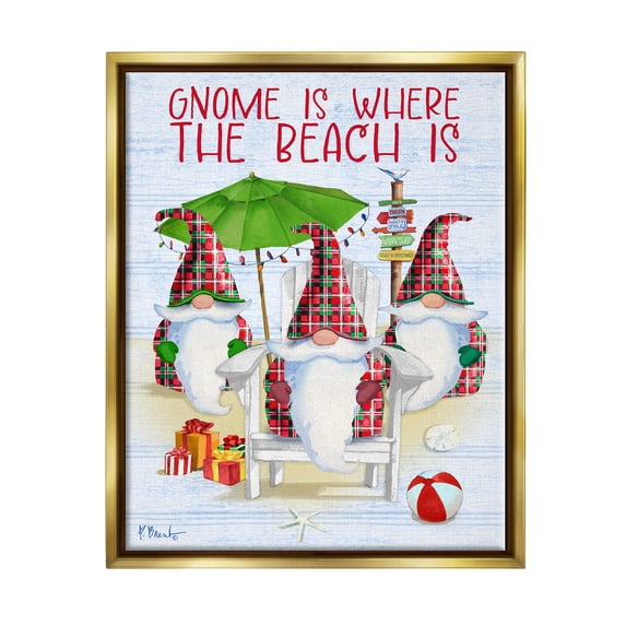 Stupell Industries Tropical Christmas Gnomes Holiday Painting Gold Floater Framed Art Print Wall Art, 17 x 21
