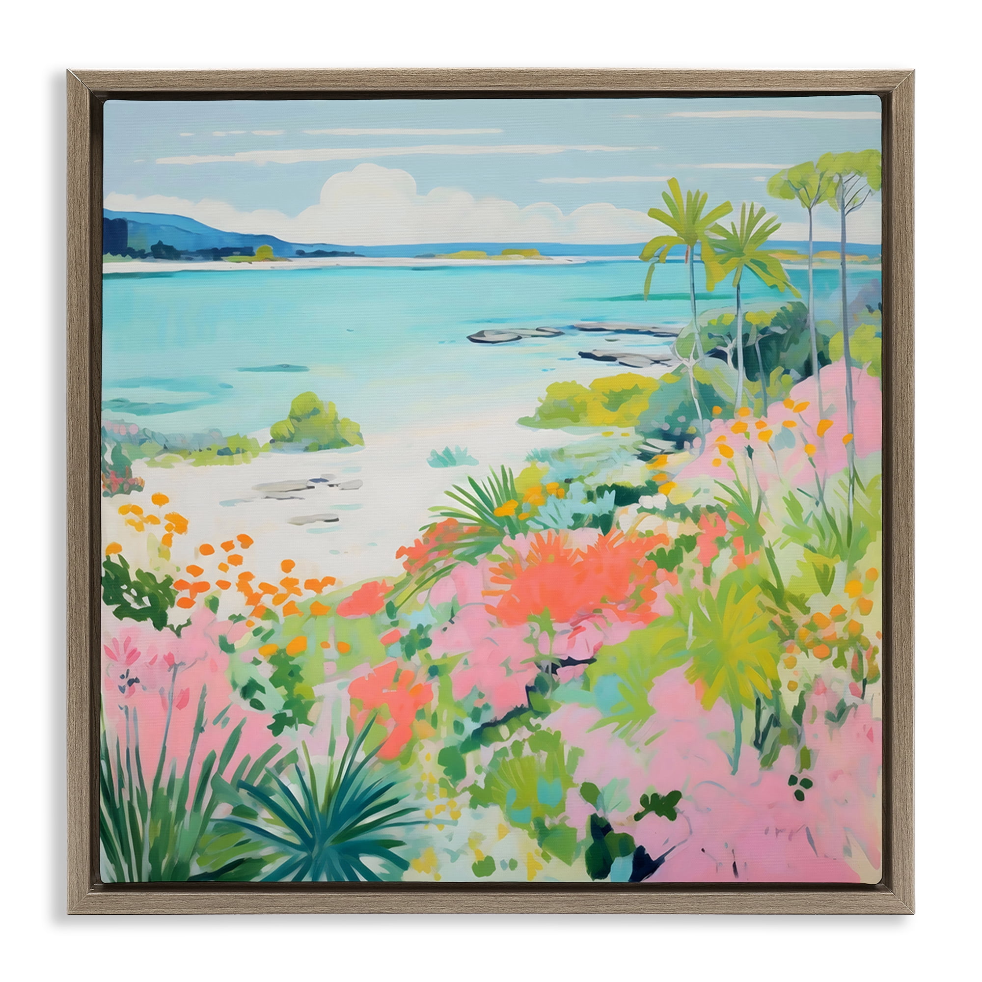 Stupell Industries Tropical Coast Blooming Shoreline Brown Framed Floater Canvas Wall Art, design by Creative Studio