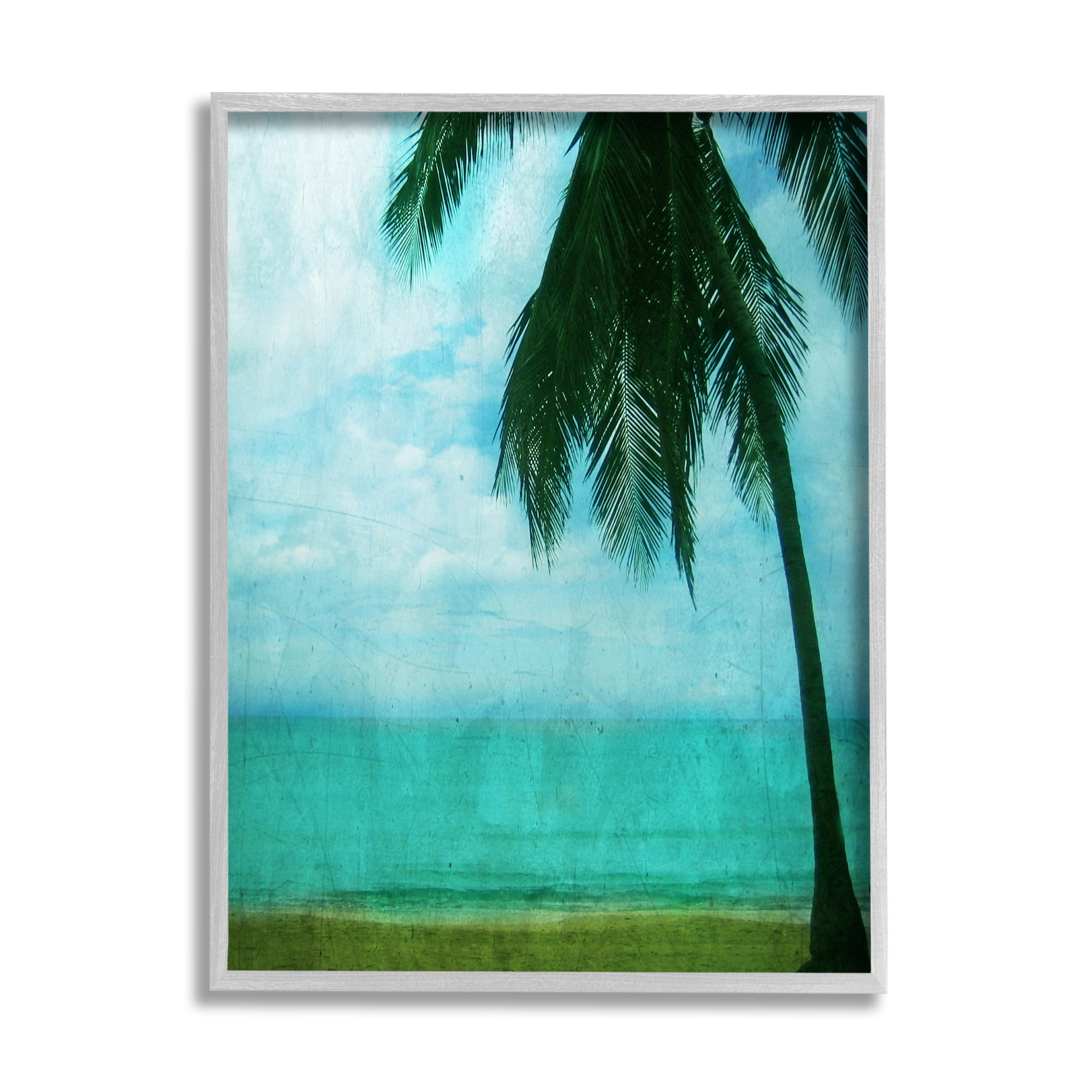 Stupell Industries Tropical Coast Palm Tree Silhouette Distressed Scratch Pattern Tropical Painting Gray Framed Art Print Wall Art, 11 x 14, Design by Ashley Calhoun