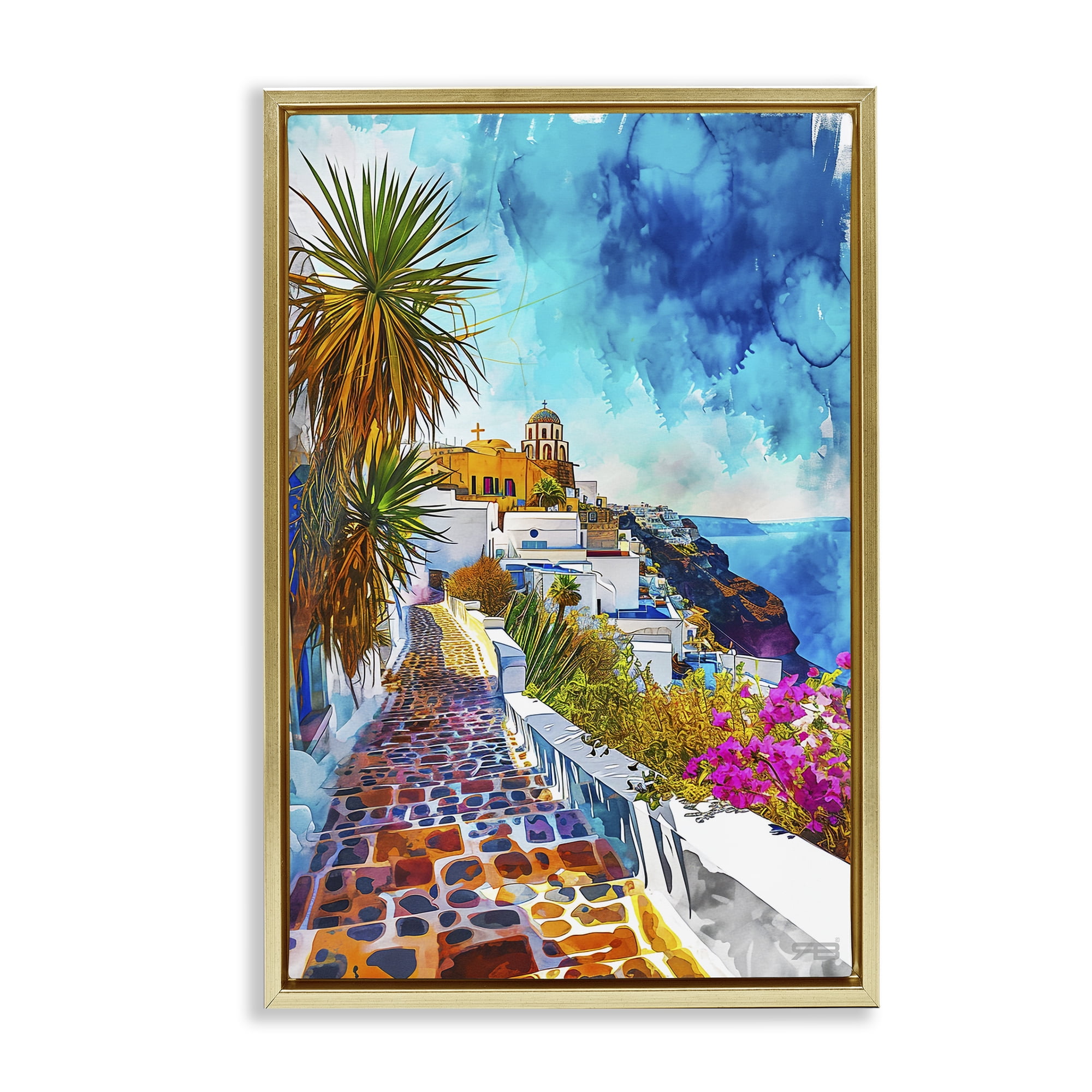 Stupell Industries Tropical Coastal Town Cities & Countries Painting Gold Floater Framed Canvas Art Print Wall Art, 17 x 25