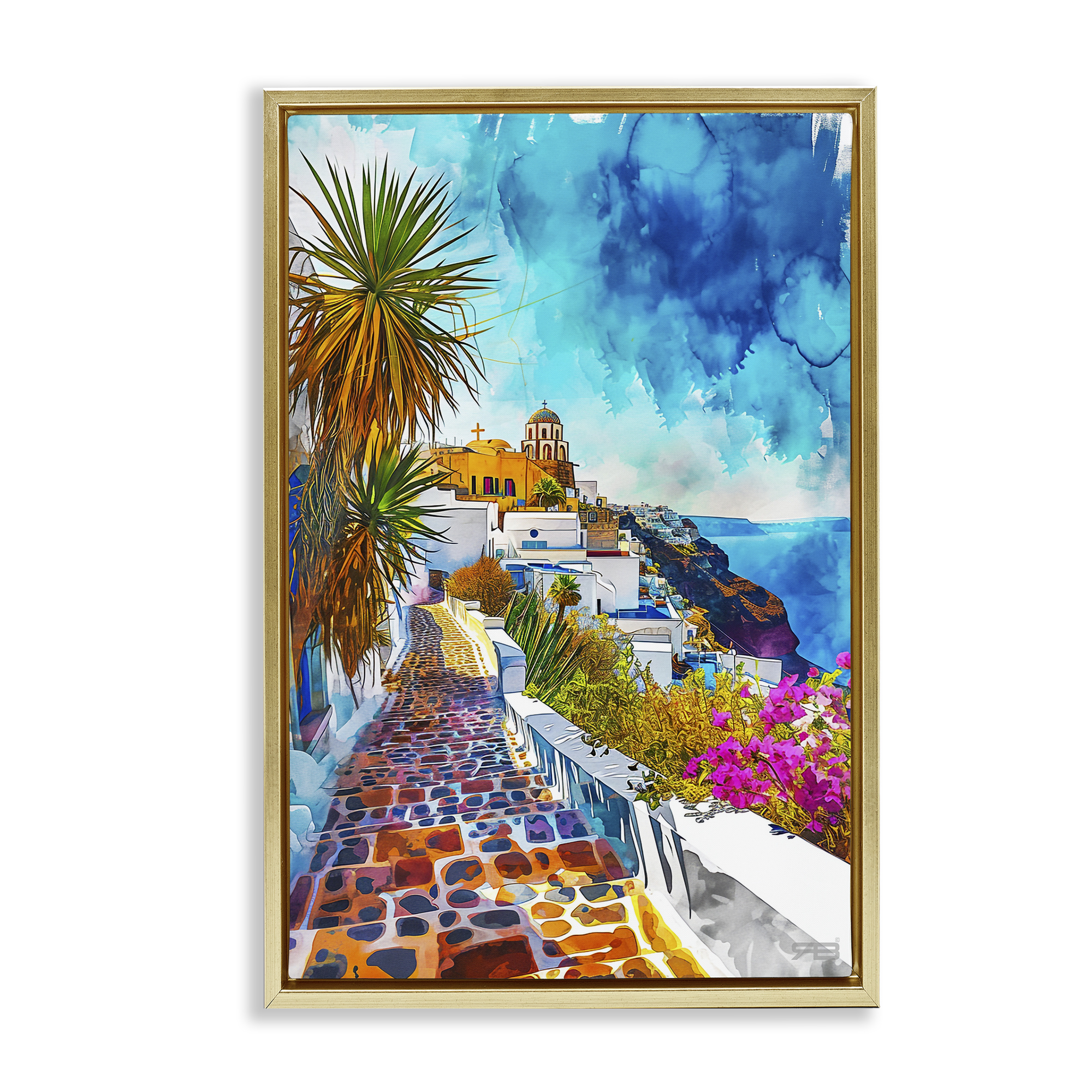 Stupell Industries Tropical Coastal Town Cities & Countries Painting Gold Floater Framed Canvas Art Print Wall Art, 21 x 31