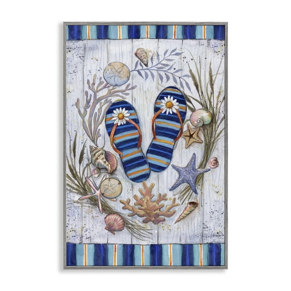 Stupell Industries Tropical Coastal Wreath & Flip Flops Gray Framed Giclee Art, 16 x 24, by Geoff Allen