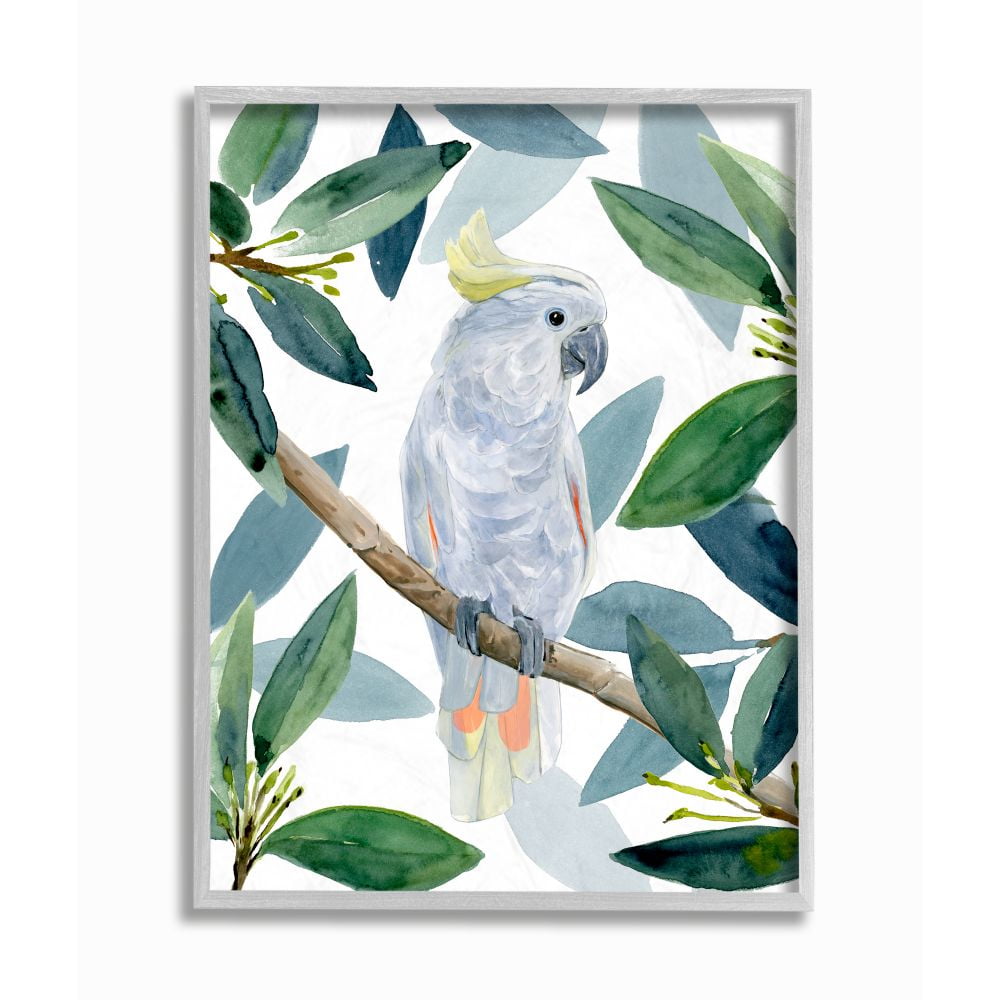 Tropical Cockatoo Bird Print on Canvas with Gray Frame