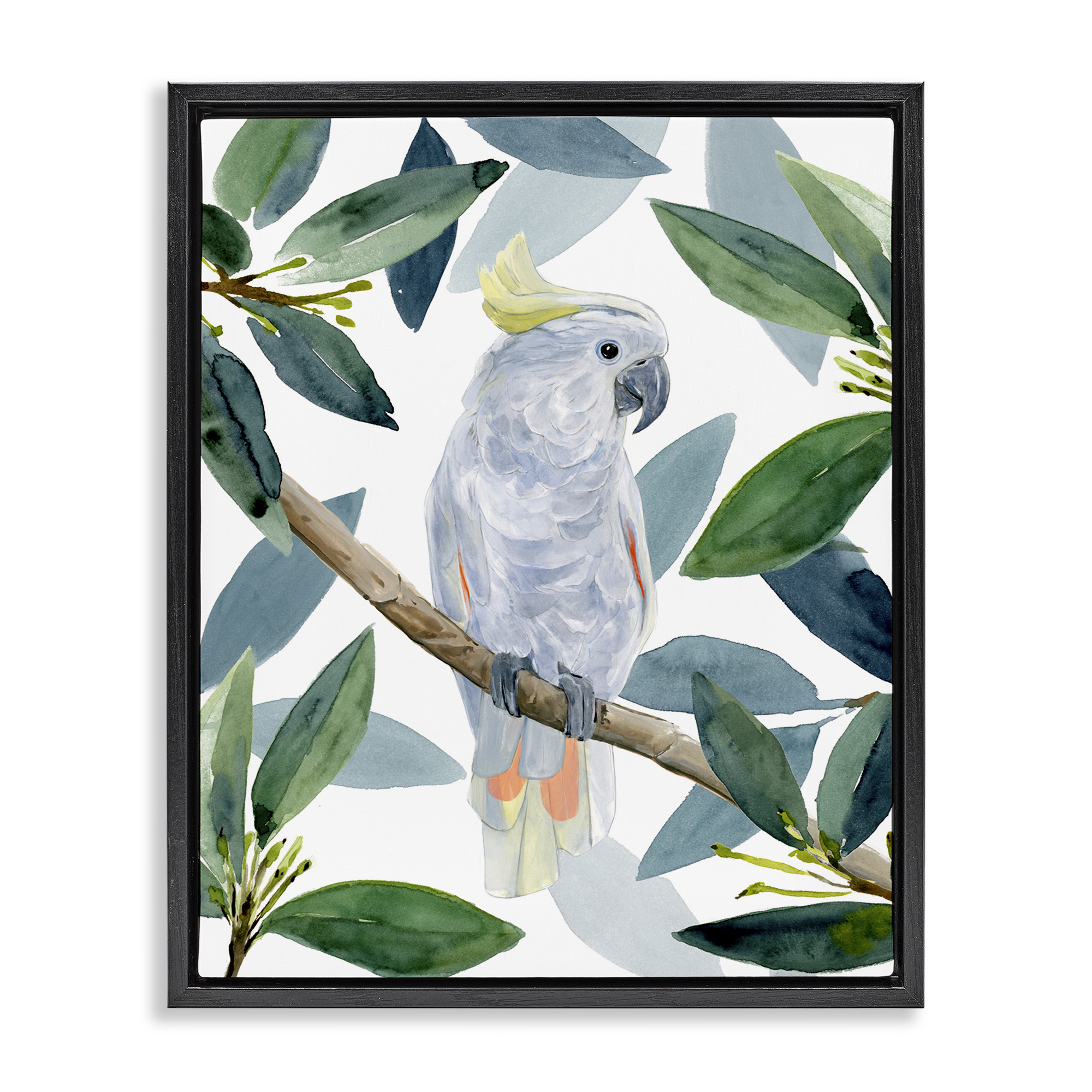 Stupell Industries Tropical Cockatoo & Greenery Animals & Insects Painting Black Floater Framed Canvas Art Print Wall Art, 17 x 21
