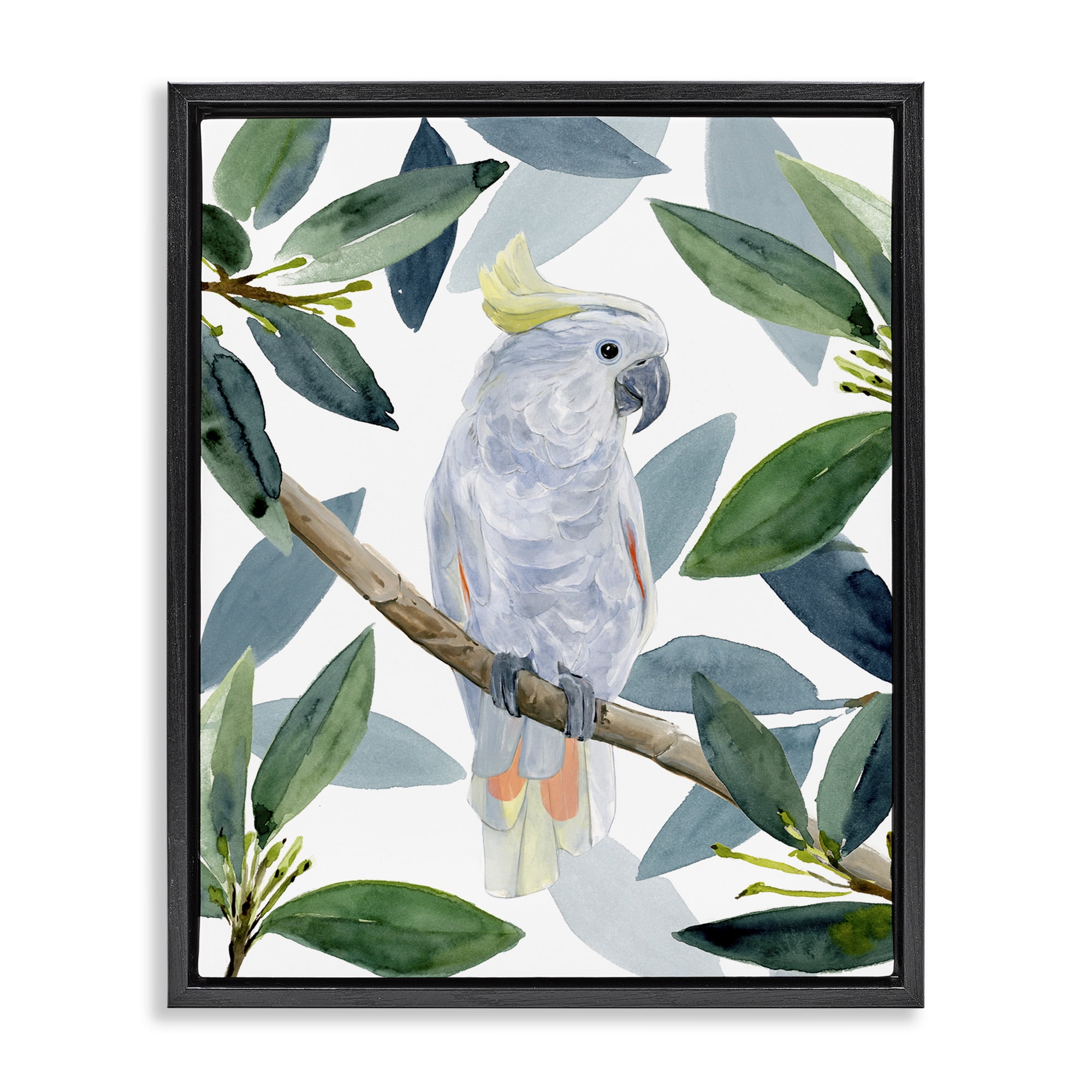 Stupell Industries Tropical Cockatoo & Greenery Animals & Insects Painting Black Floater Framed Canvas Art Print Wall Art, 25 x 31