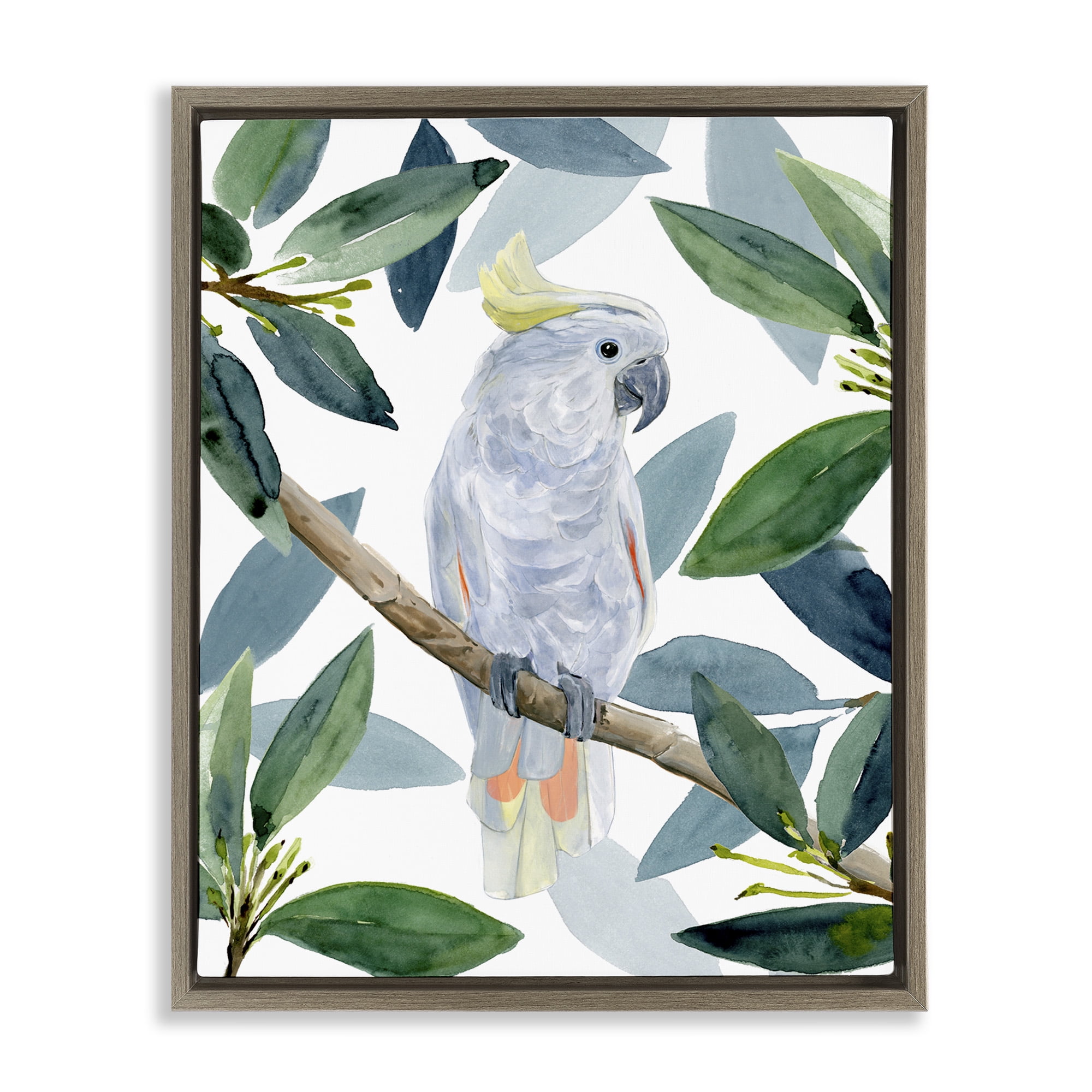 Stupell Industries Tropical Cockatoo & Greenery Animals & Insects Painting Brown Floater Framed Canvas Art Print Wall Art, 25 x 31