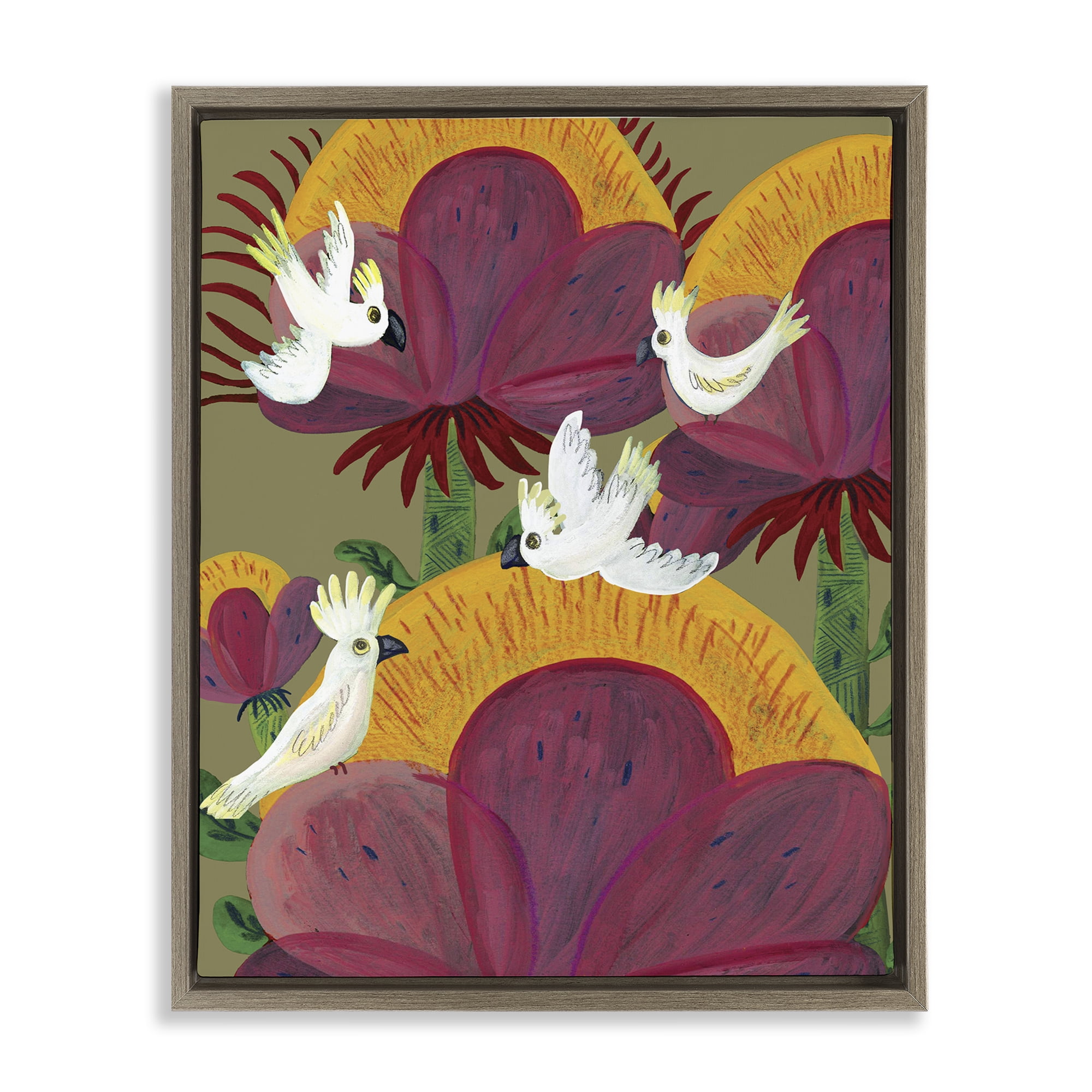 Stupell Industries Tropical Cockatoos & Plants Brown Framed Floater Canvas Wall Art, design by Kay Widdowson