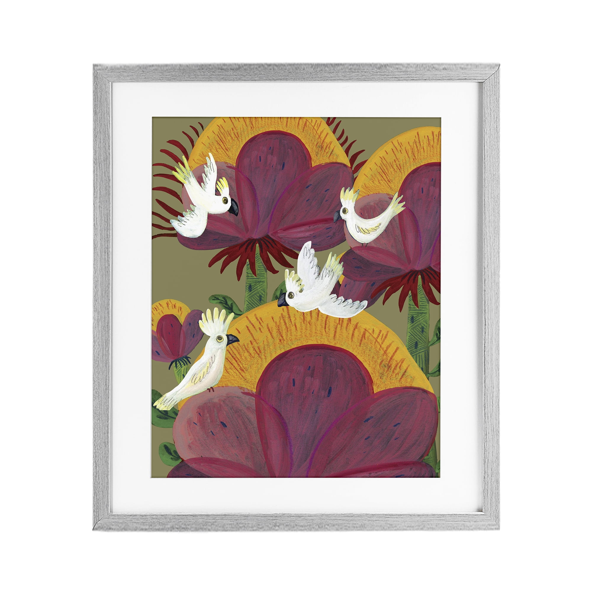 Stupell Industries Tropical Cockatoos & Plants Gray Framed Print Under Glass, design by Kay Widdowson