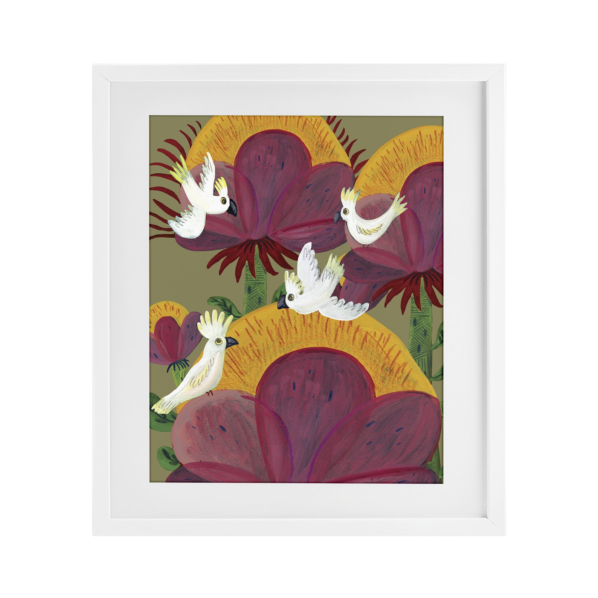 Stupell Industries Tropical Cockatoos & Plants White Framed Print Under Glass, design by Kay Widdowson
