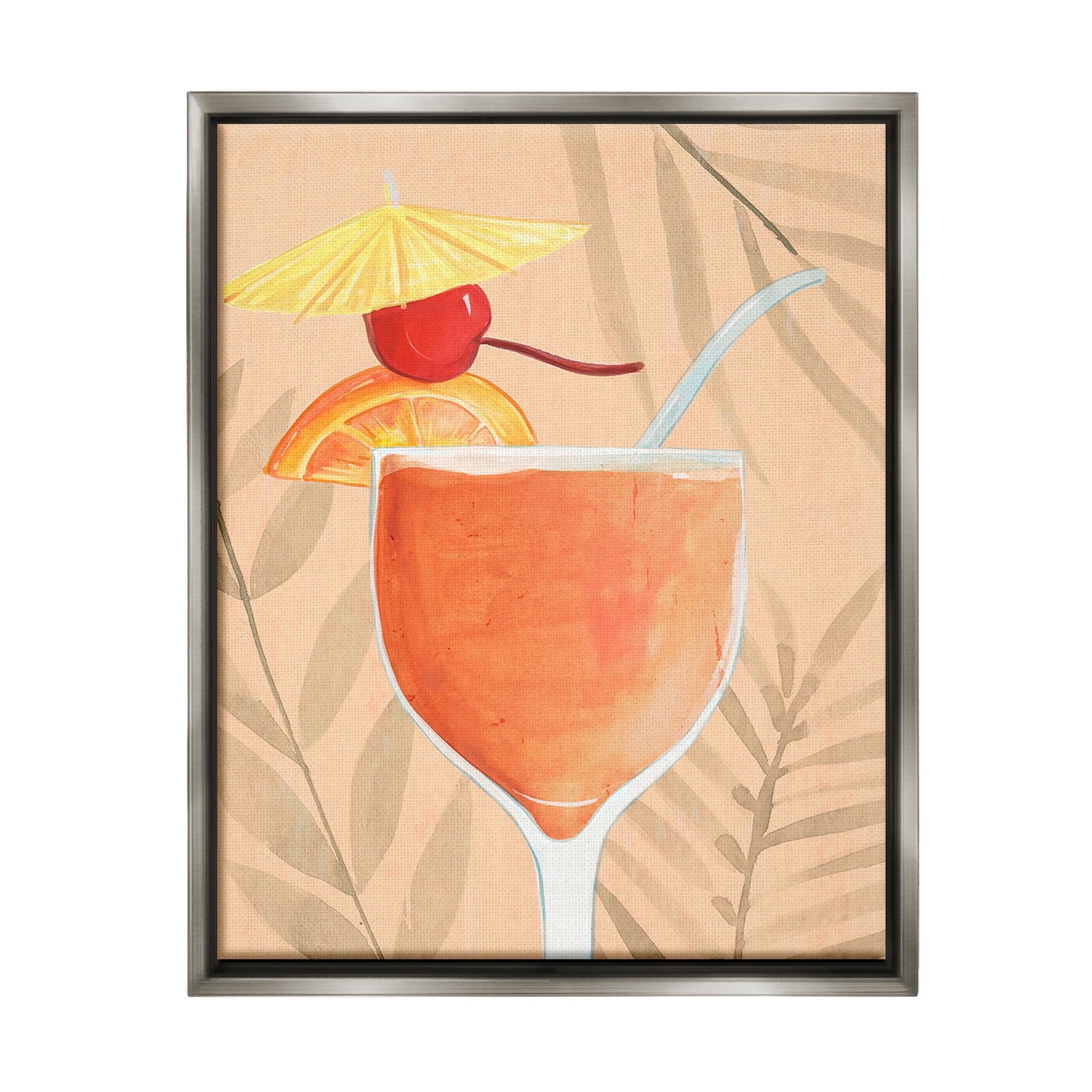 Stupell Industries Tropical Cocktail with Fruit Food & Beverage Painting Gray Floater Framed Canvas Art Print Wall Art, 17 x 21