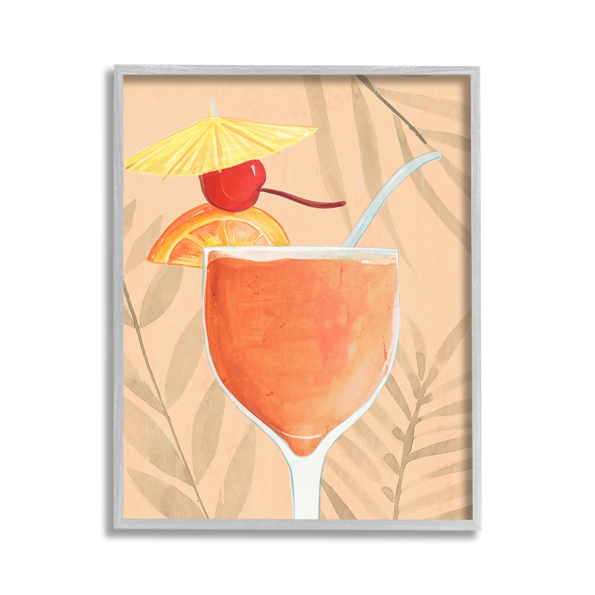 Tropical Cocktail Print on Canvas with Gray Frame, 11 x 14