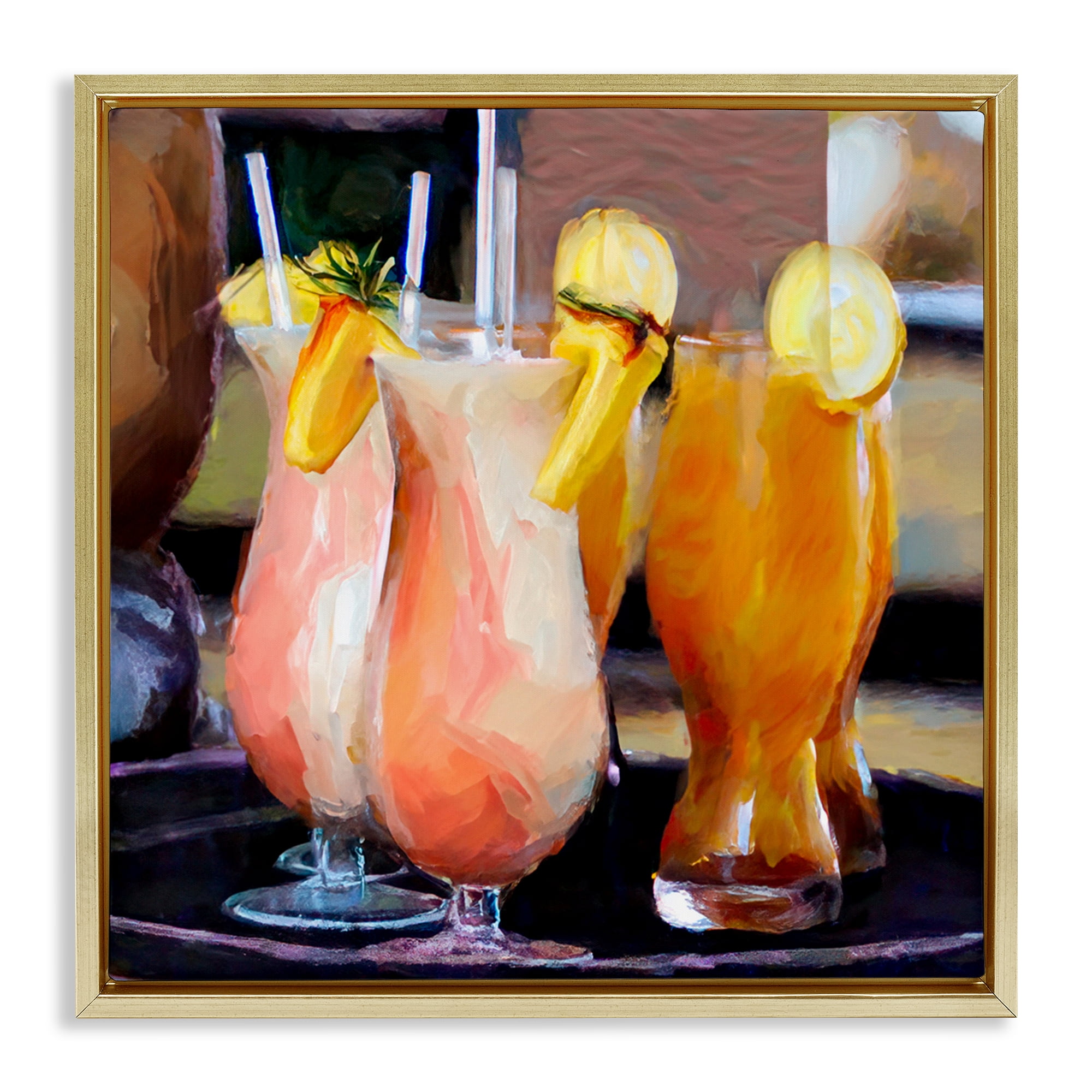 Stupell Industries Tropical Cocktails on Tray Food & Beverage Painting Gold Floater Framed Canvas Art Print Wall Art, 25 x 25