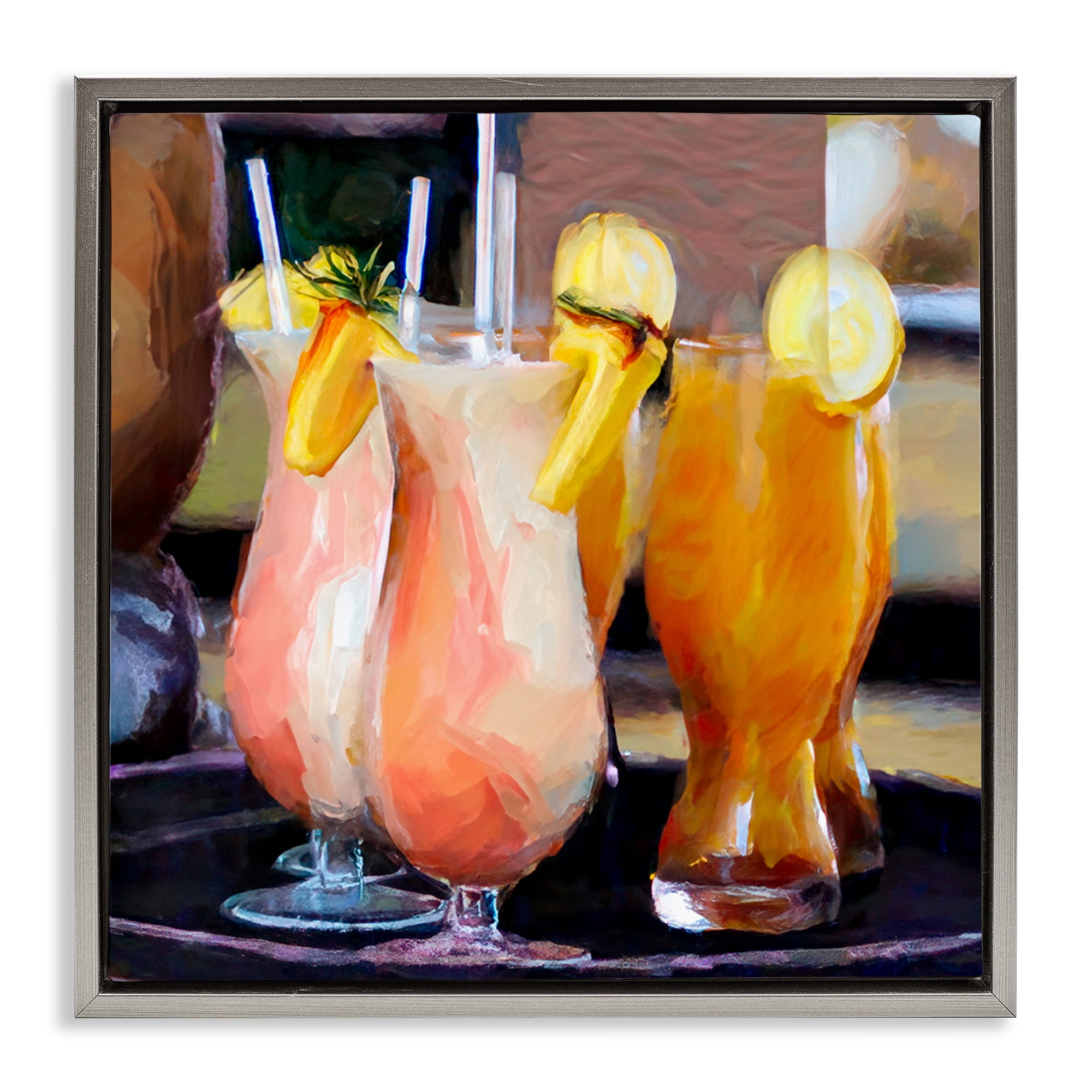 Stupell Industries Tropical Cocktails on Tray Food & Beverage Painting Gray Floater Framed Canvas Art Print Wall Art, 25 x 25