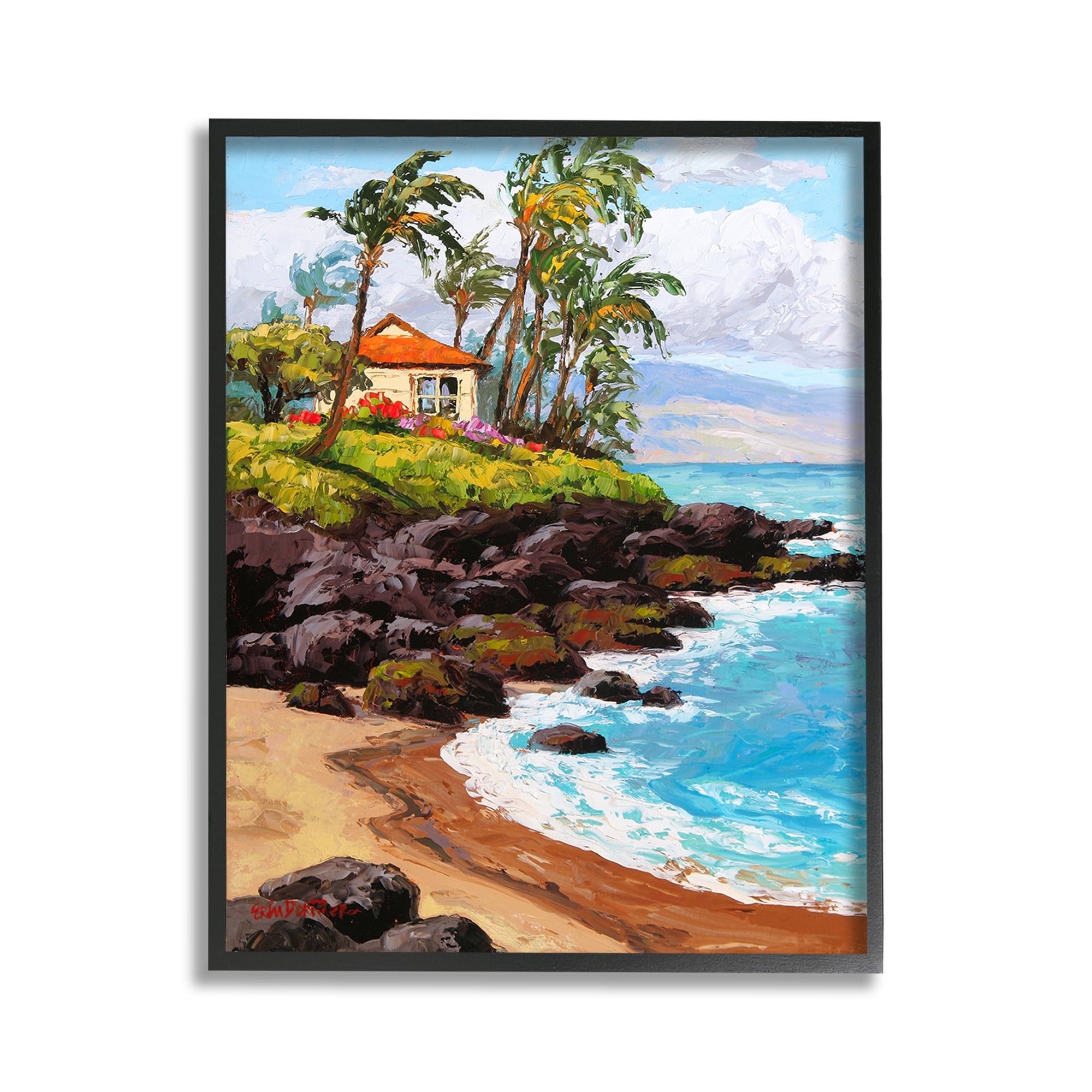 Stupell Industries Tropical Cottage Cove Landscape Painting Black Framed Art Print Wall Art, 11 x 14