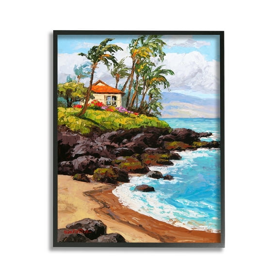Stupell Industries Tropical Cottage Cove Landscape Painting Black Framed Art Print Wall Art, 11 x 14