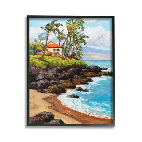 Stupell Industries Tropical Cottage Cove Landscape Painting Black Framed Art Print Wall Art, 24 x 30