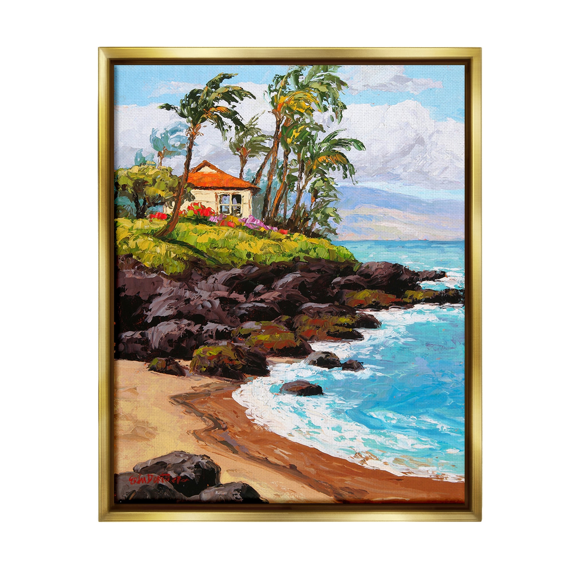 Stupell Industries Tropical Cottage Cove Landscape Painting Gold Floater Framed Canvas Art Print Wall Art, 17 x 21