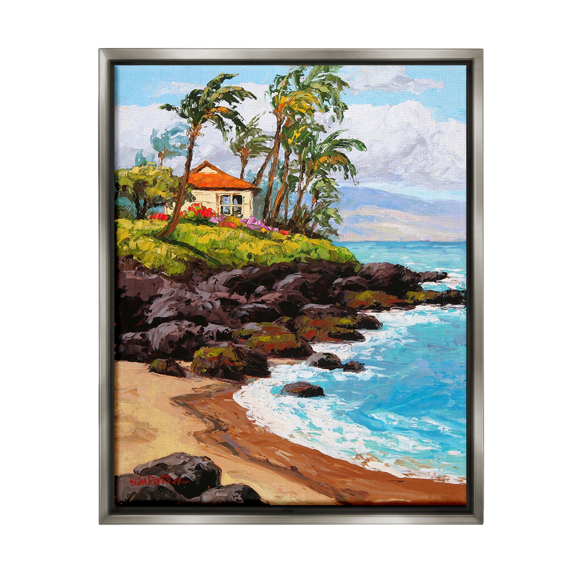 Stupell Industries Tropical Cottage Cove Landscape Painting Gray Floater Framed Canvas Art Print Wall Art, 17 x 21
