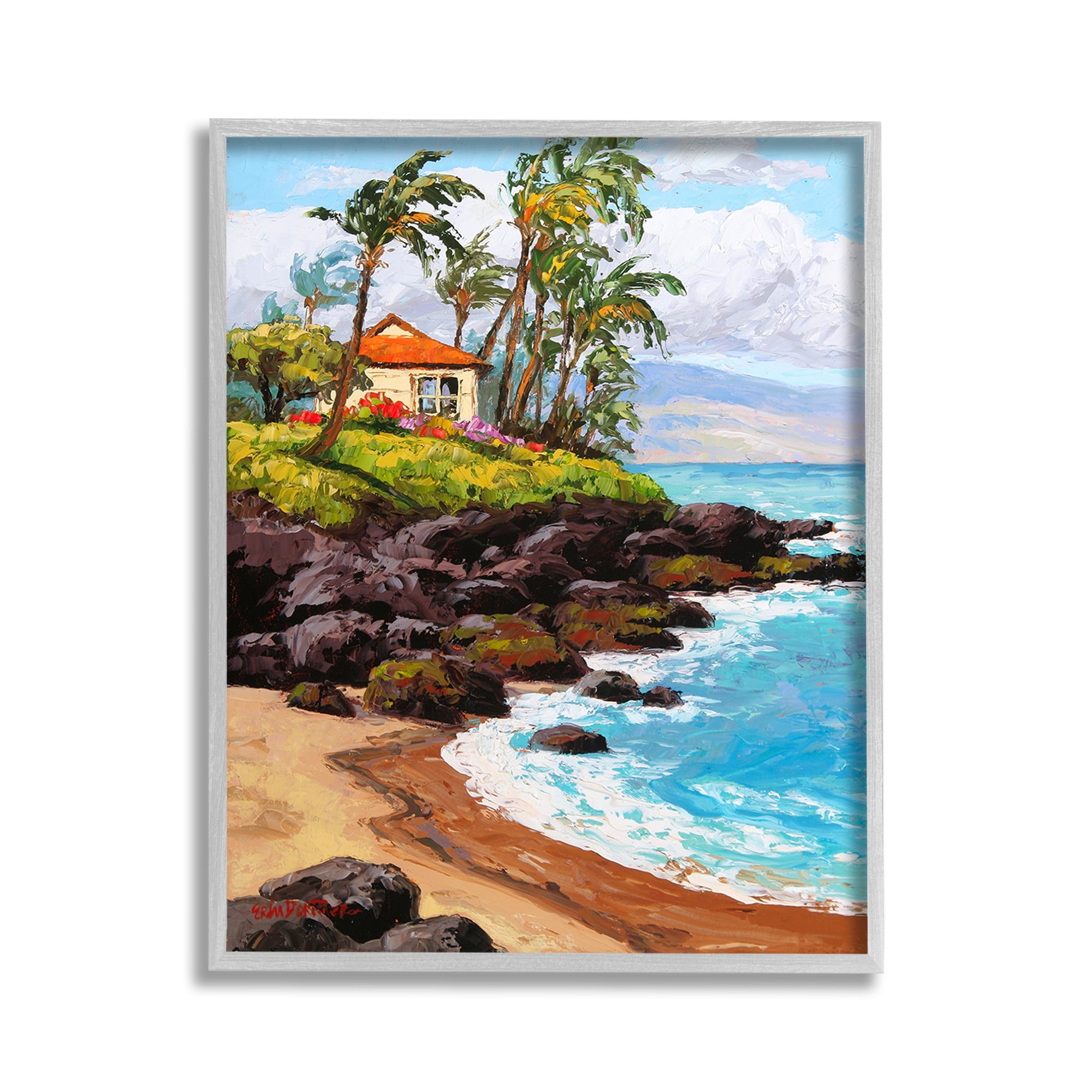 Stupell Industries Tropical Cottage Cove Landscape Painting Gray Framed Art Print Wall Art, 11 x 14