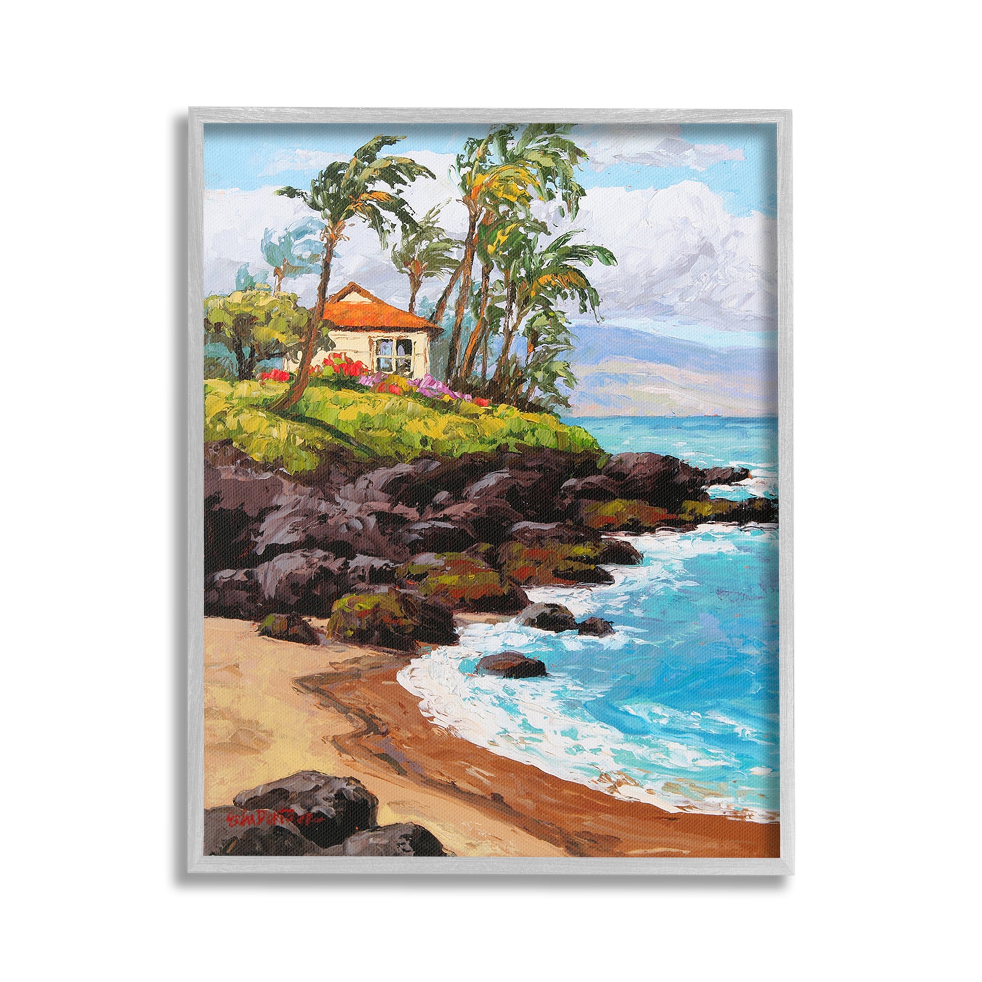 Stupell Industries Tropical Cottage Cove Landscape Painting Gray Framed Art Print Wall Art, 24 x 30